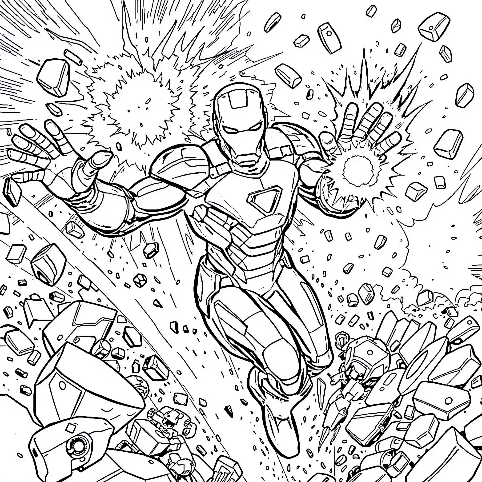 Ironman Blasting through Debris and Destruction Coloring Page (free black-and-white line drawing printable PDF for all, from beginners to advanced learners, including children, teens, adults, and seniors)