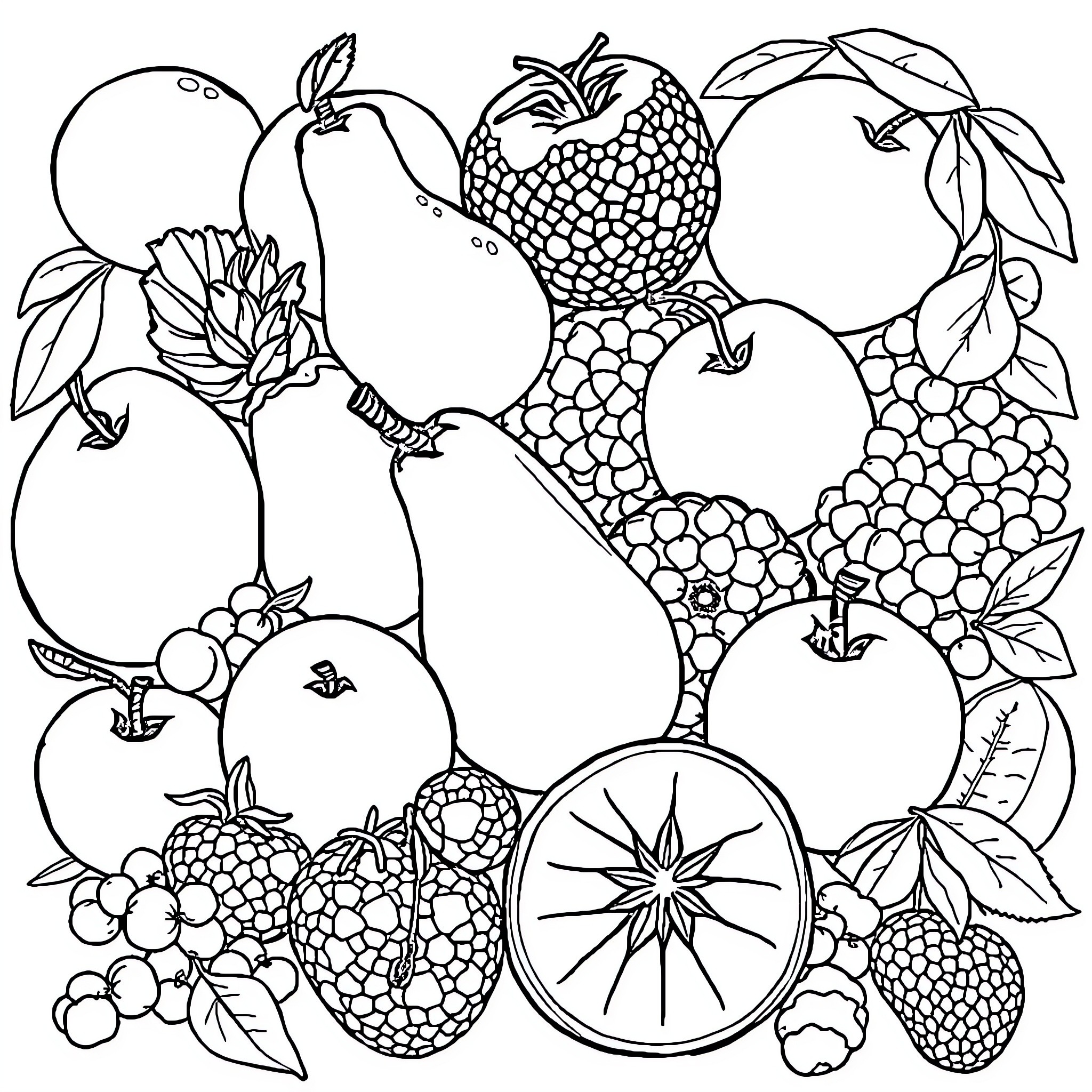 Fruit Basket with Various Exotic Designs Coloring Page (free black-and-white line drawing printable PDF for all, from beginners to advanced learners, including children, teens, adults, and seniors)