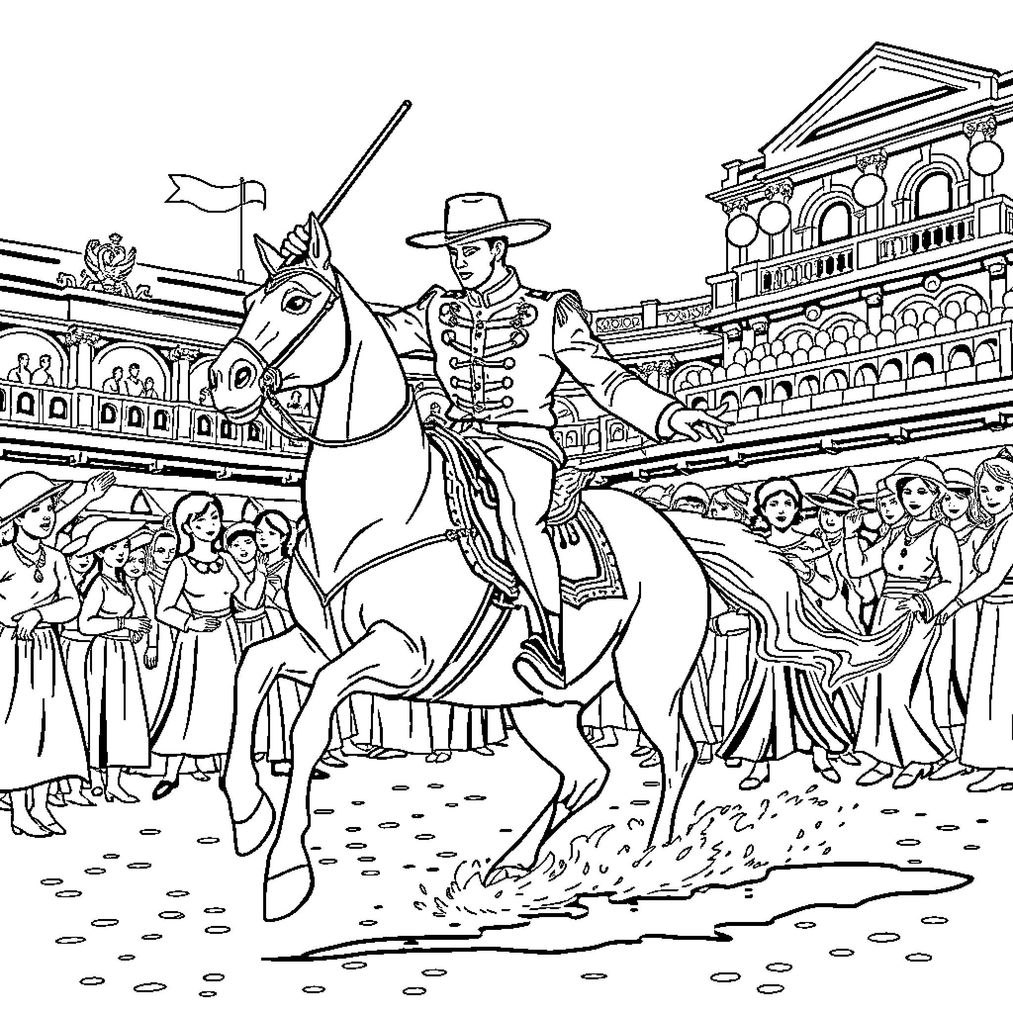 Torero Performing Impressive Equestrian Maneuvers in Dramatic Arena Coloring Page (free black-and-white line drawing printable PDF for all, from beginners to advanced learners, including children, teens, adults, and seniors)