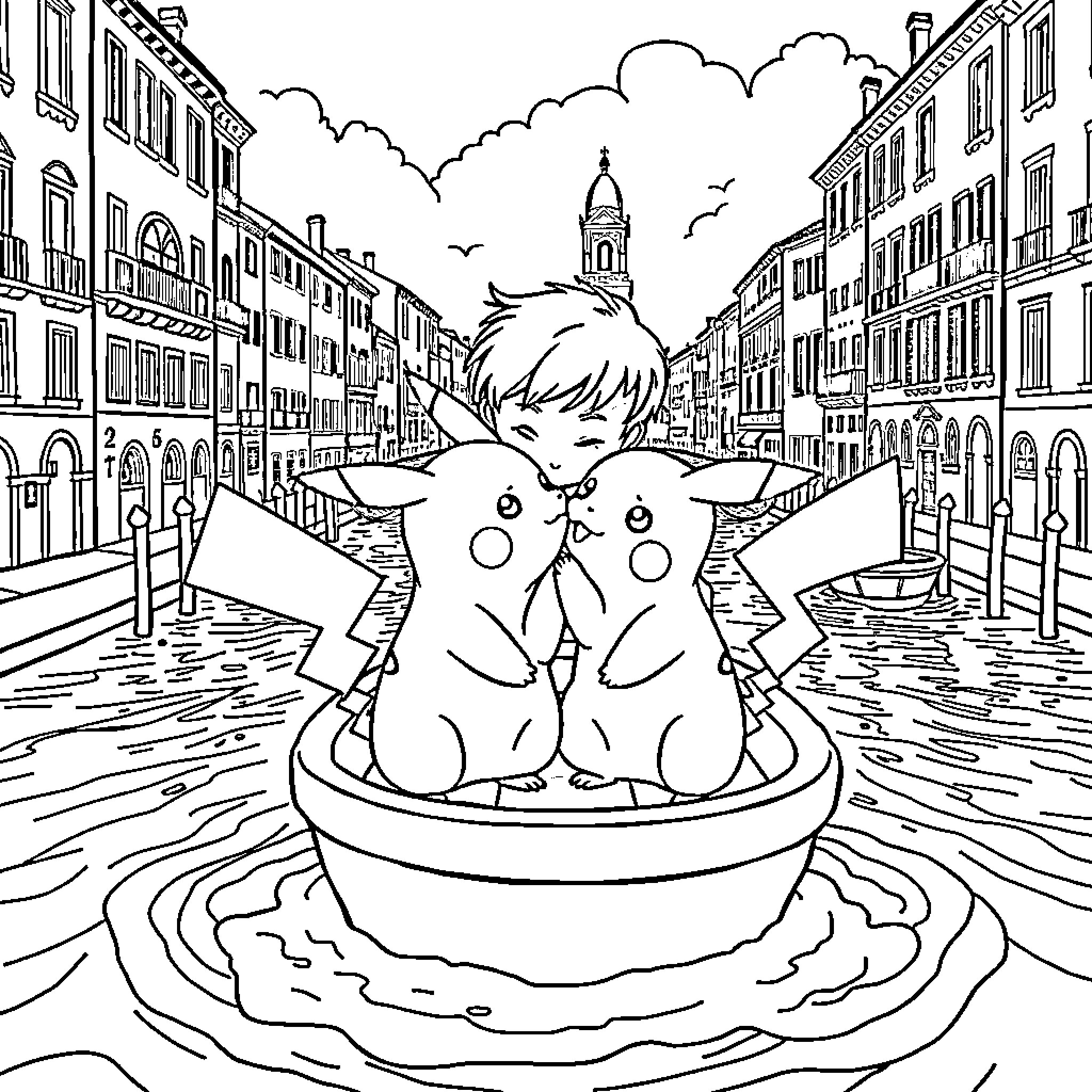 Pikachu relaxing in a Venetian canal Coloring Page (free black-and-white line drawing printable PDF for all, from beginners to advanced learners, including children, teens, adults, and seniors)