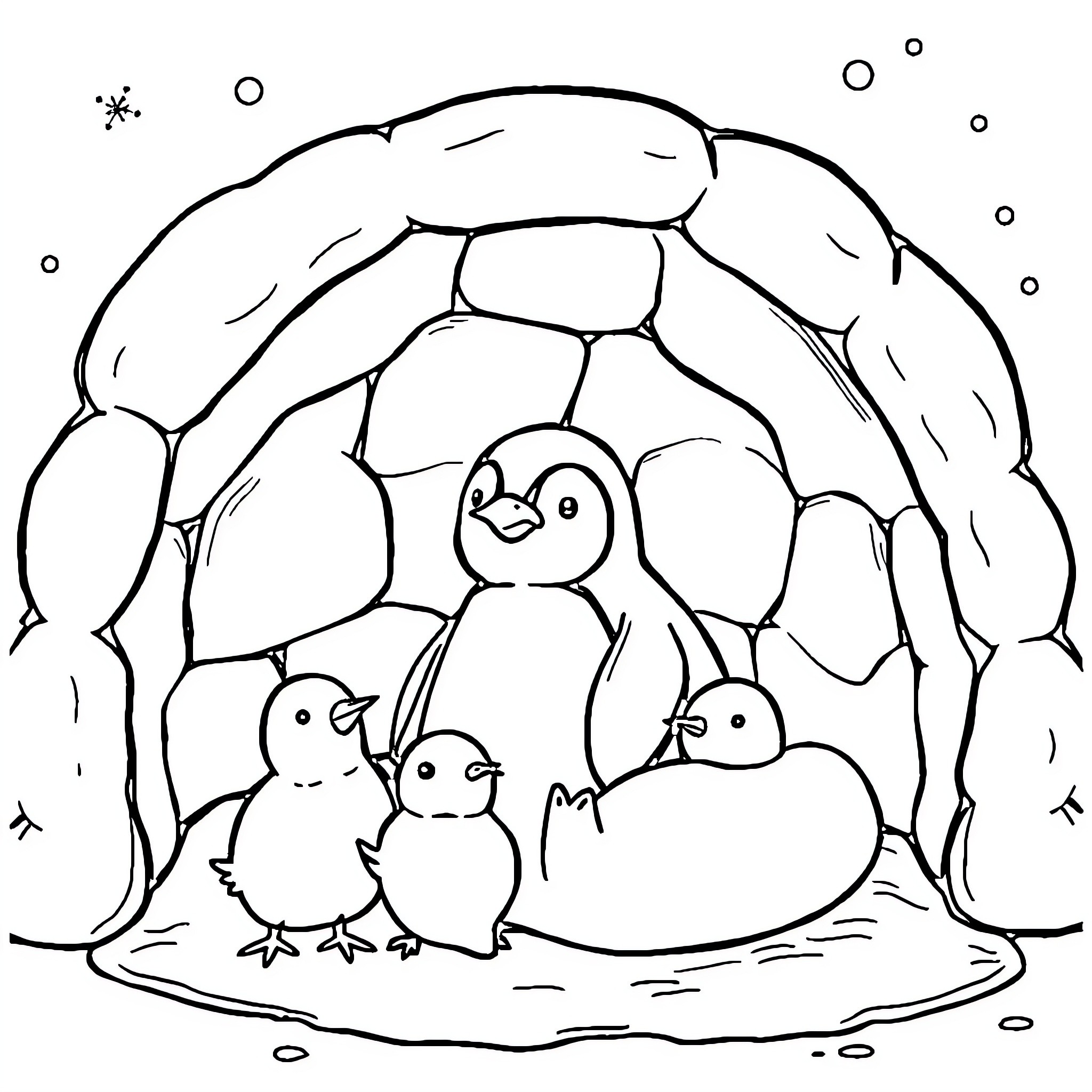 Penguin family enjoying their winter home Coloring Page (free black-and-white line drawing printable PDF for all, from beginners to advanced learners, including children, teens, adults, and seniors)