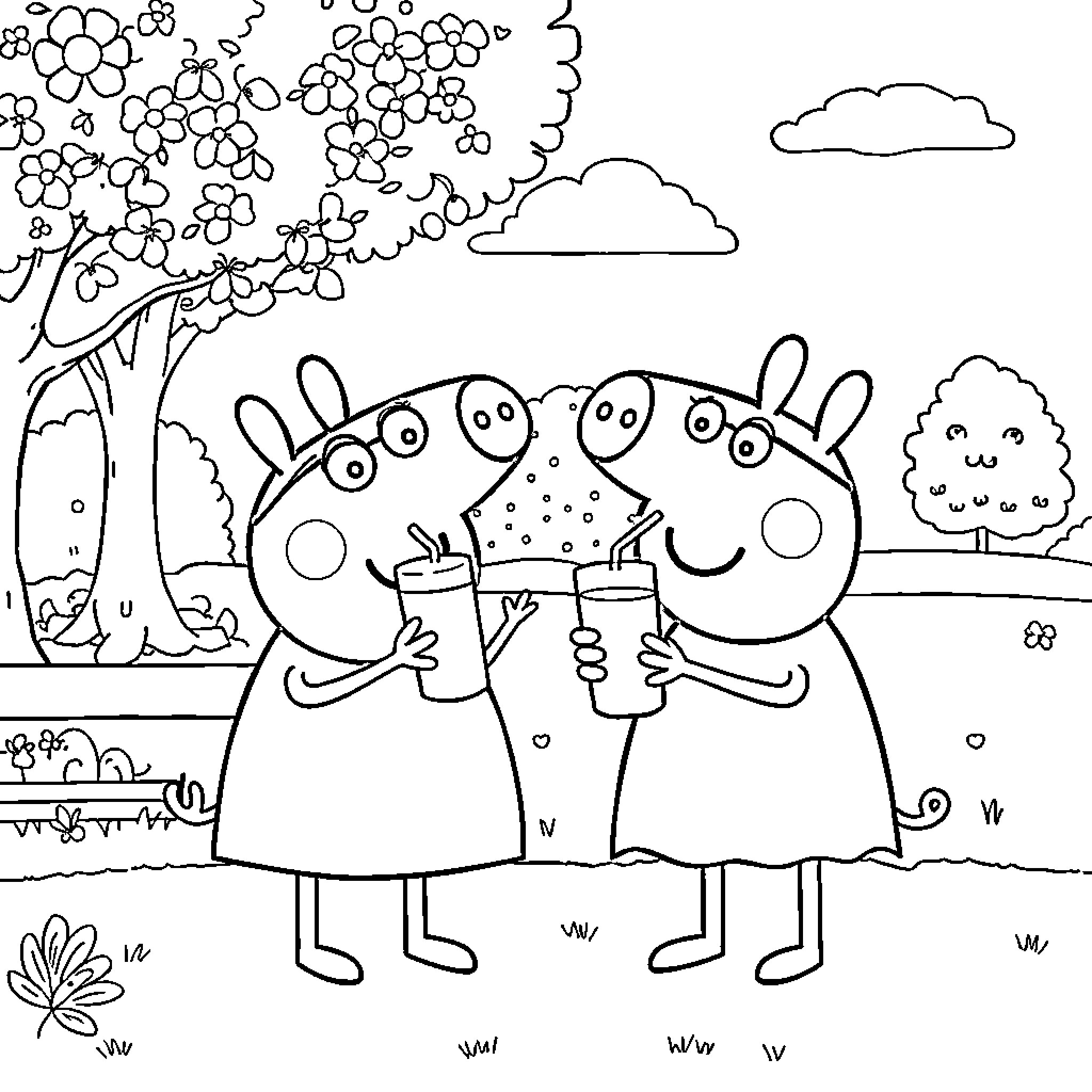Peppa Pig and friends enjoying spring weather outdoors Coloring Page (free black-and-white line drawing printable PDF for all, from beginners to advanced learners, including children, teens, adults, and seniors)