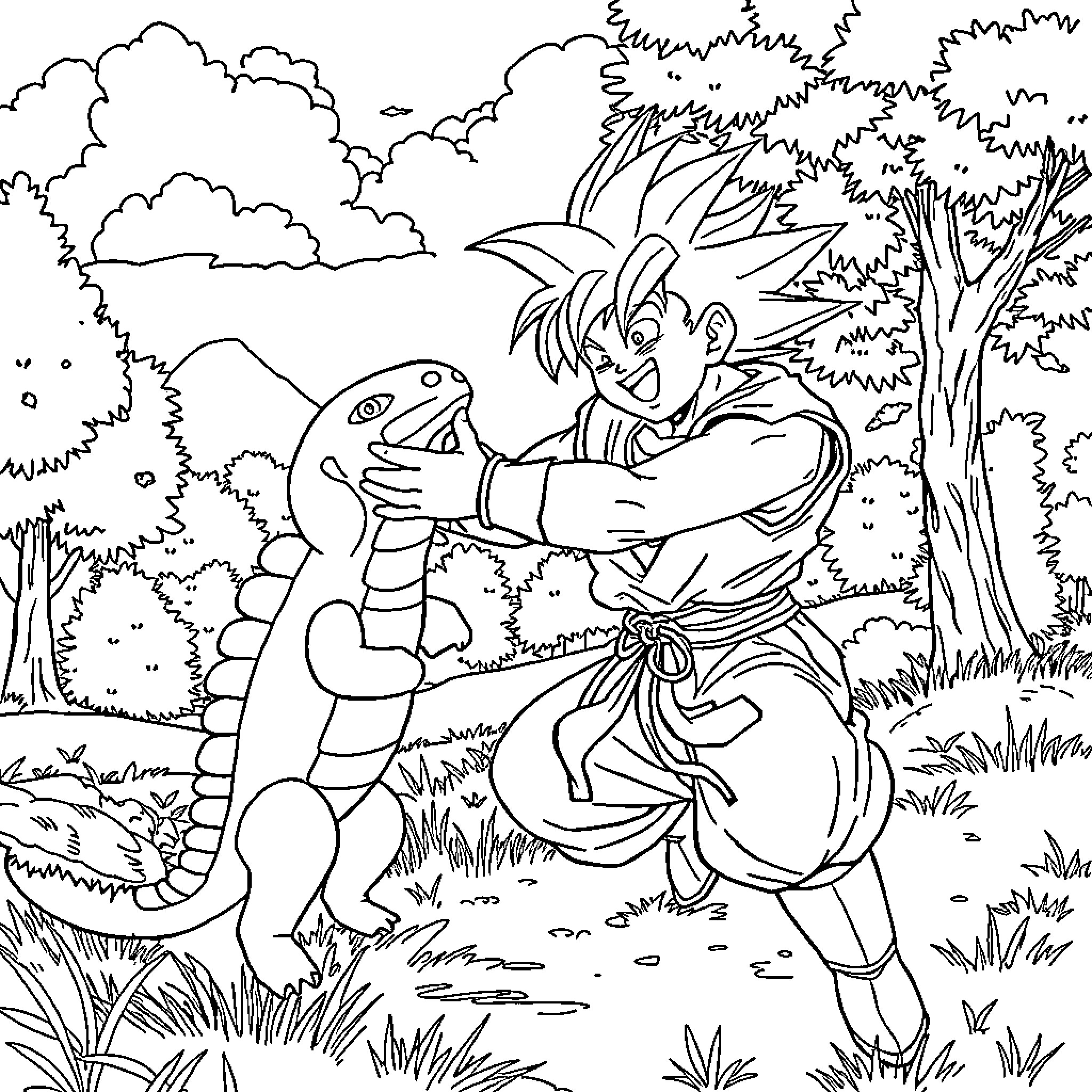 Goku's Exciting Adventure with Creatures in the Forest Coloring Page (free black-and-white line drawing printable PDF for all, from beginners to advanced learners, including children, teens, adults, and seniors)