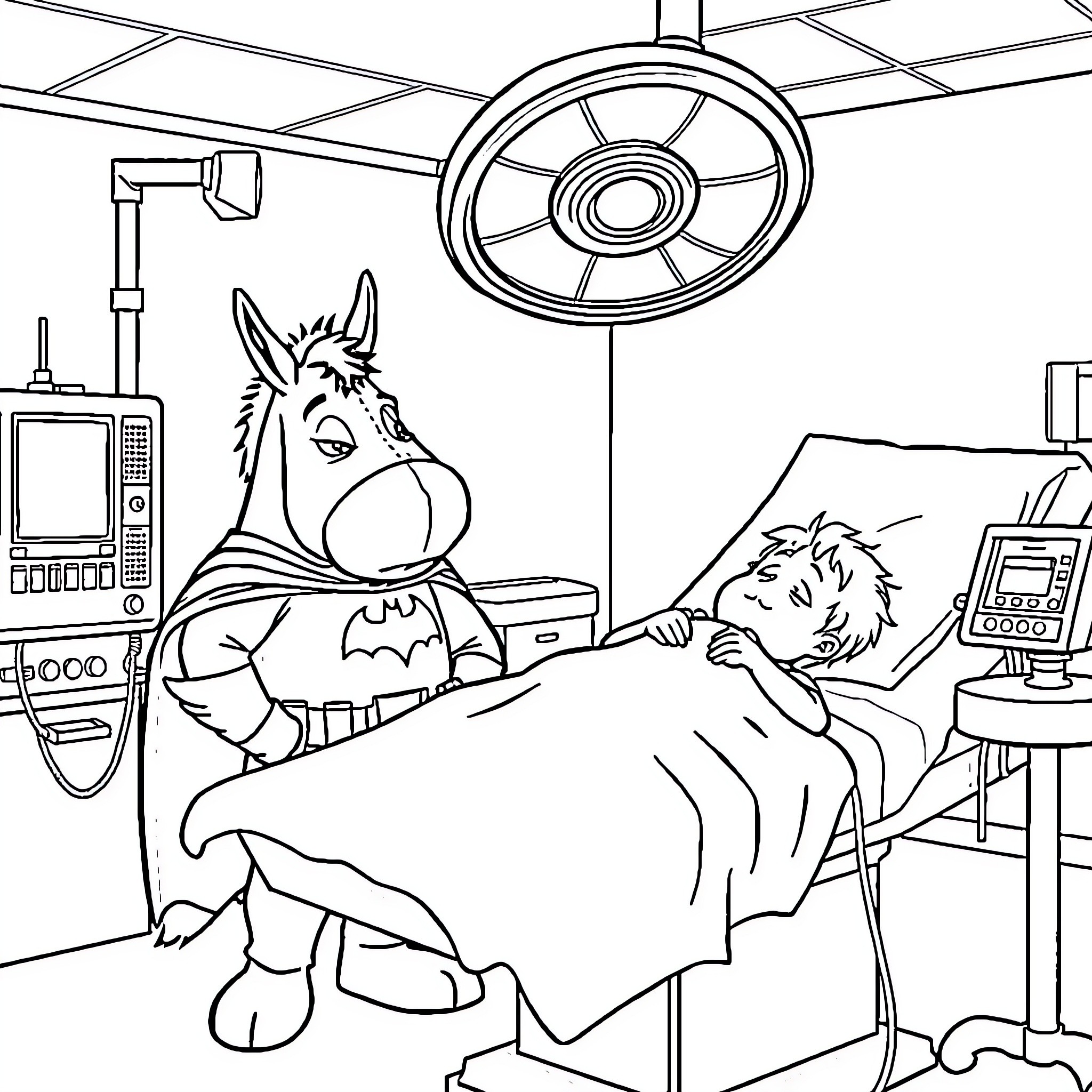 Eeyore visiting a hospitalized friend Coloring Page (free black-and-white line drawing printable PDF for all, from beginners to advanced learners, including children, teens, adults, and seniors)