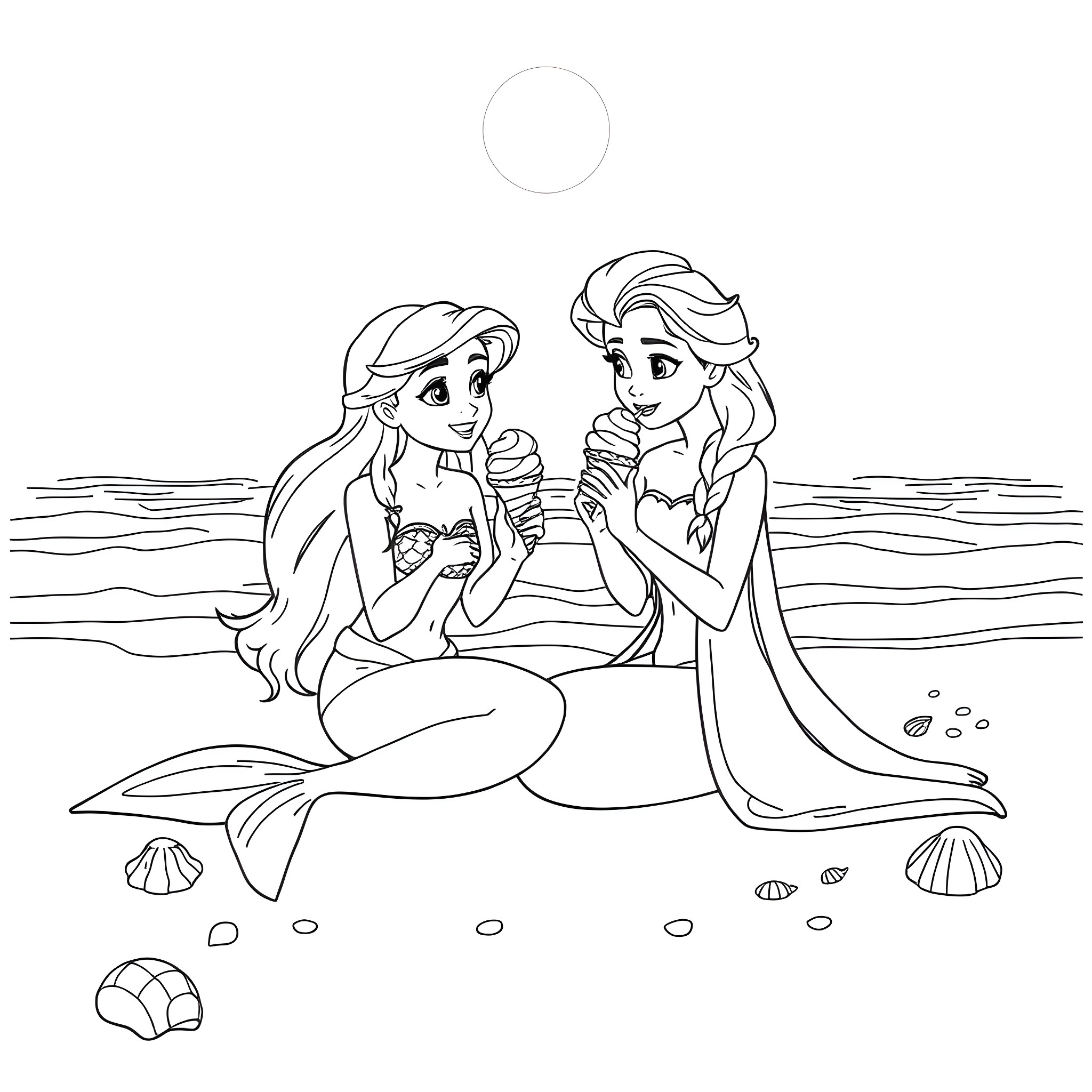 Mermaid sisters enjoying the sea together Coloring Page (free black-and-white line drawing printable PDF for all, from beginners to advanced learners, including children, teens, adults, and seniors)