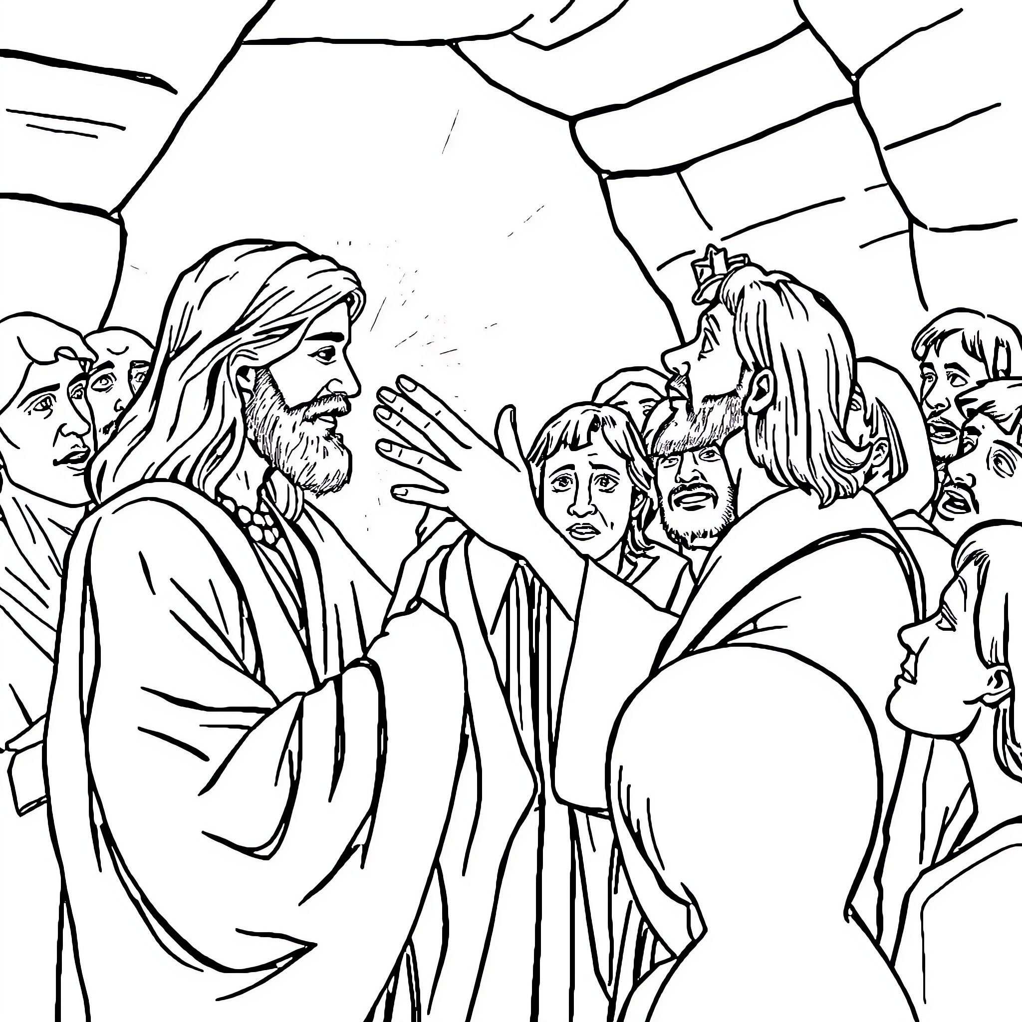 Jesus Teaching and Blessing the People Coloring Page (free black-and-white line drawing printable PDF for all, from beginners to advanced learners, including children, teens, adults, and seniors)