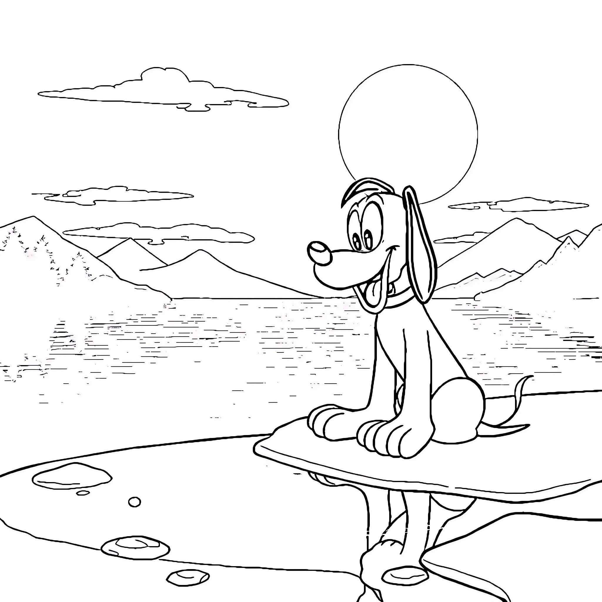 Pluto gazing at the moon in a peaceful landscape Coloring Page (free black-and-white line drawing printable PDF for all, from beginners to advanced learners, including children, teens, adults, and seniors)