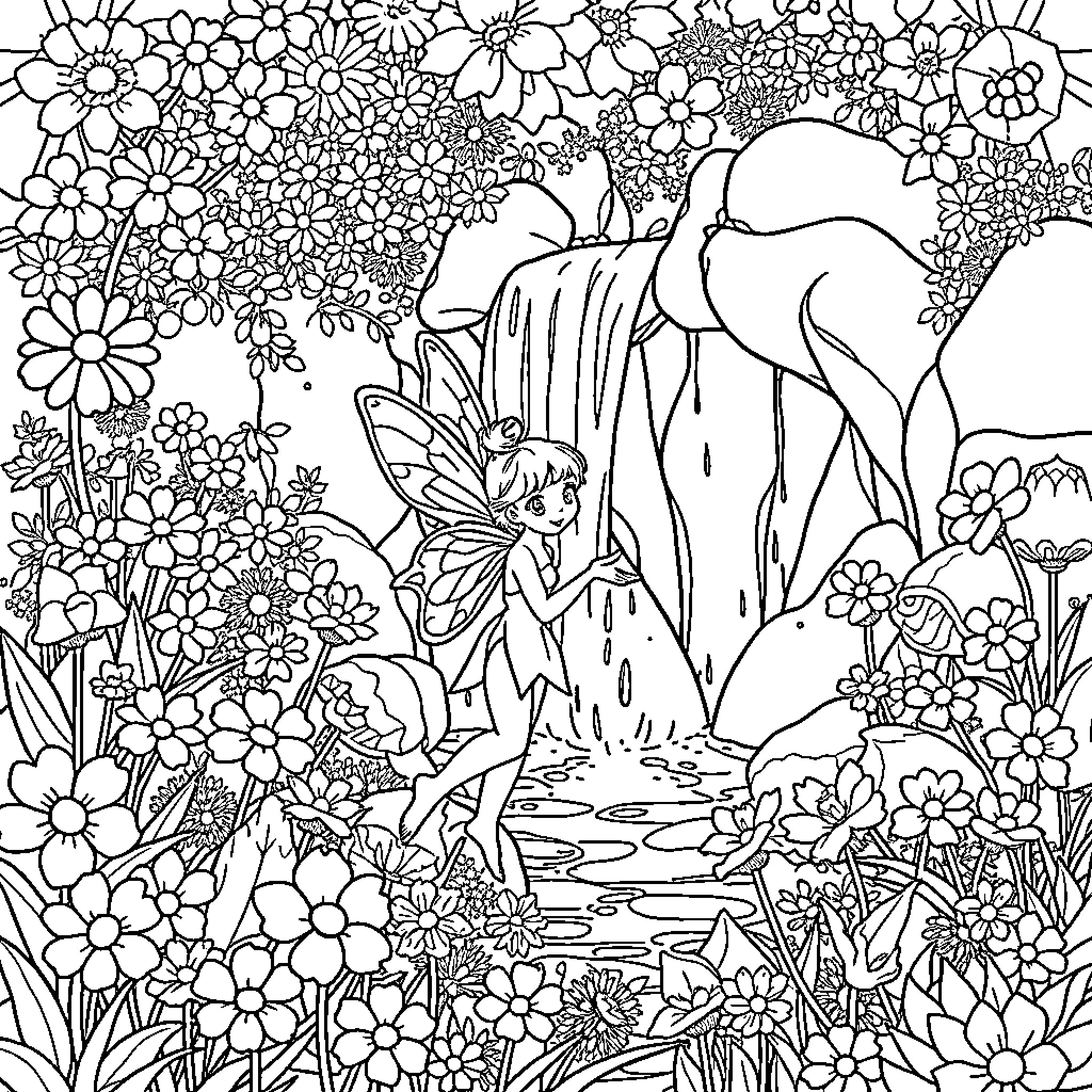 Fairy exploring magical floral garden Coloring Page (free black-and-white line drawing printable PDF for all, from beginners to advanced learners, including children, teens, adults, and seniors)