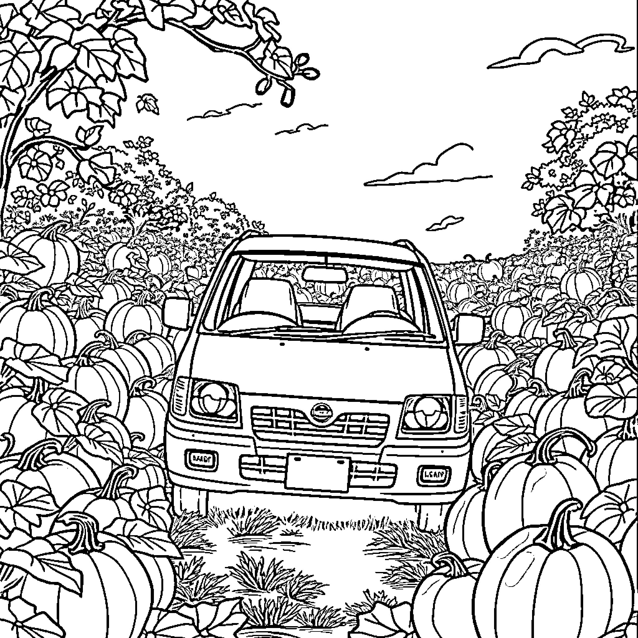 Nissan Serena navigating through autumn landscape Coloring Page (free black-and-white line drawing printable PDF for all, from beginners to advanced learners, including children, teens, adults, and seniors)