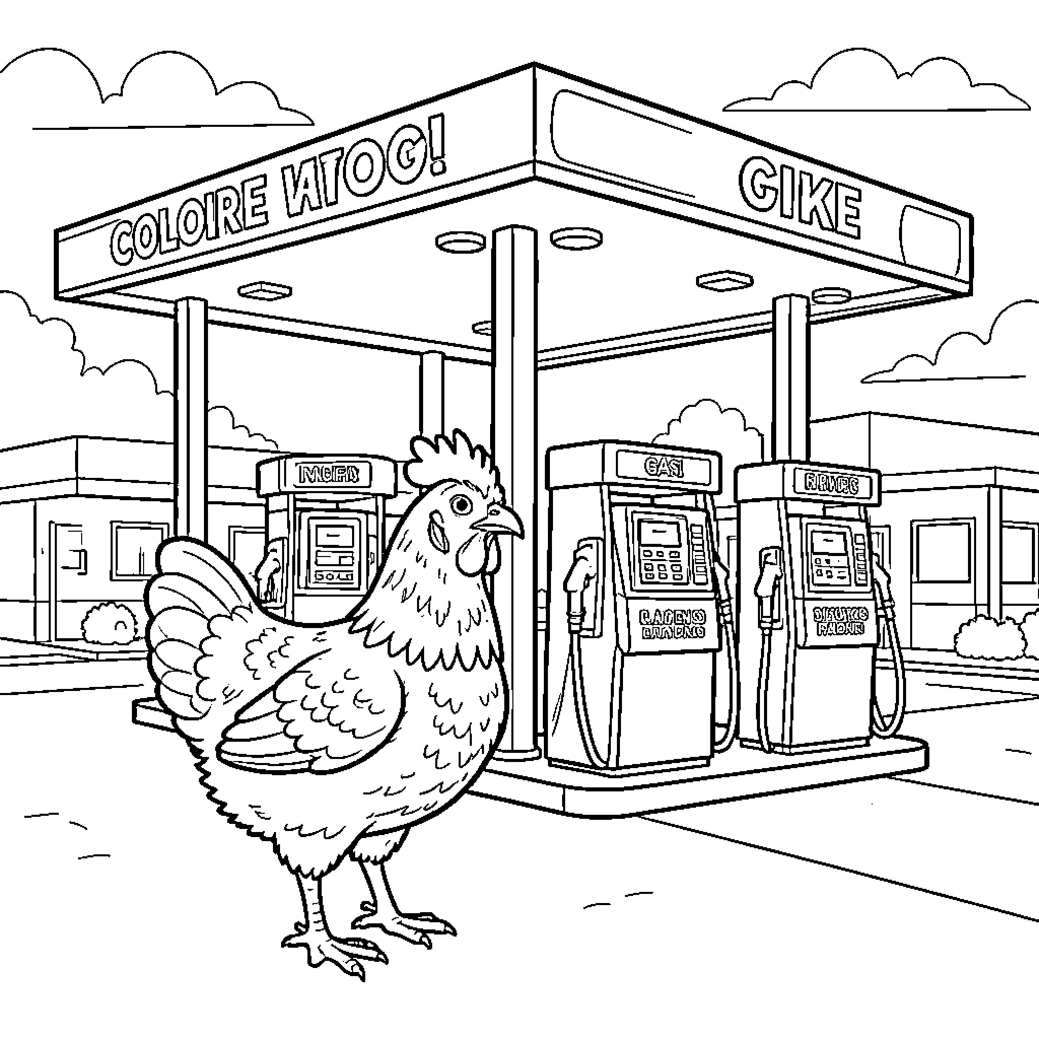 Chicken at a colorful fuel station Coloring Page (free black-and-white line drawing printable PDF for all, from beginners to advanced learners, including children, teens, adults, and seniors)