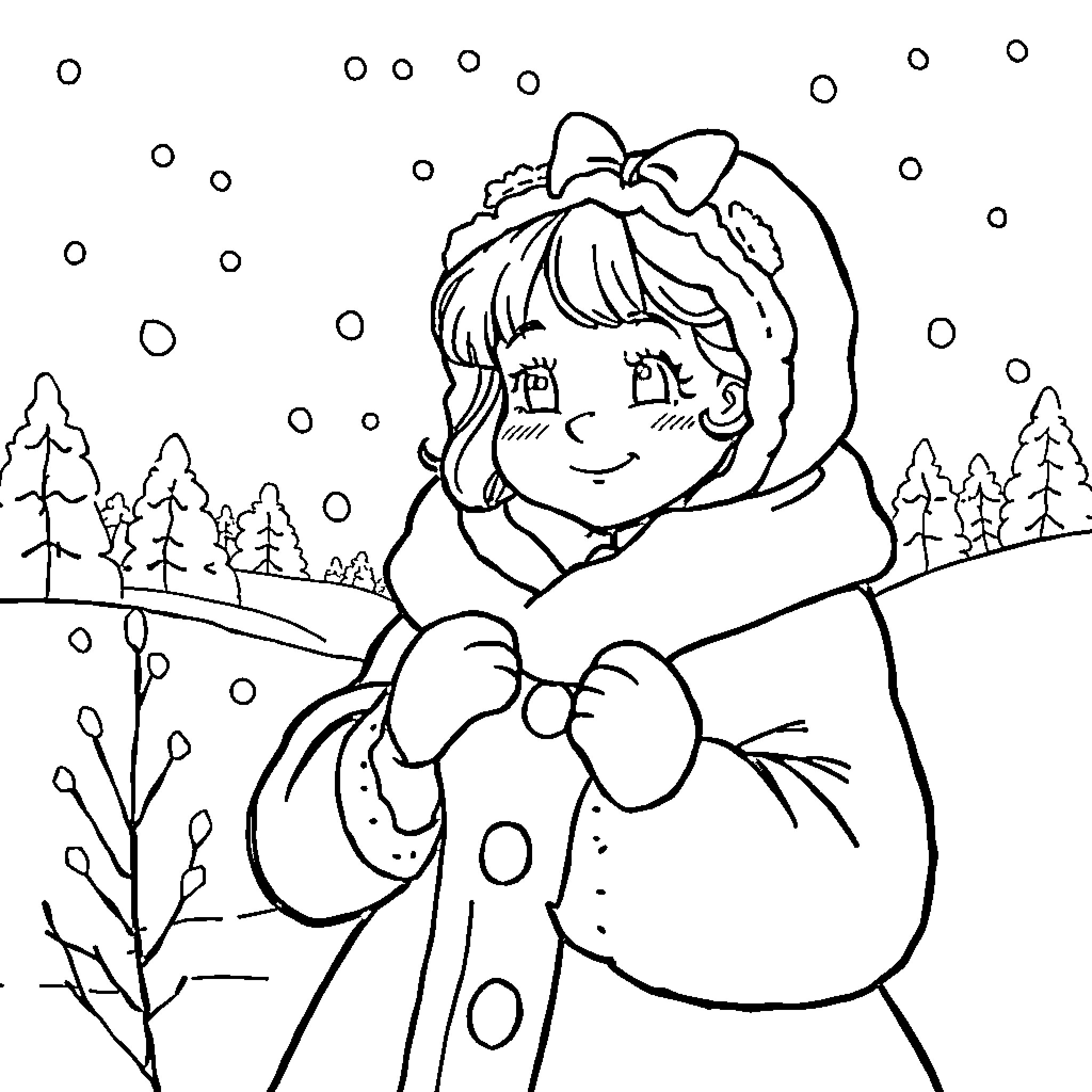 Sunbonnet Sue enjoying the snowy winter landscape Coloring Page (free black-and-white line drawing printable PDF for all, from beginners to advanced learners, including children, teens, adults, and seniors)