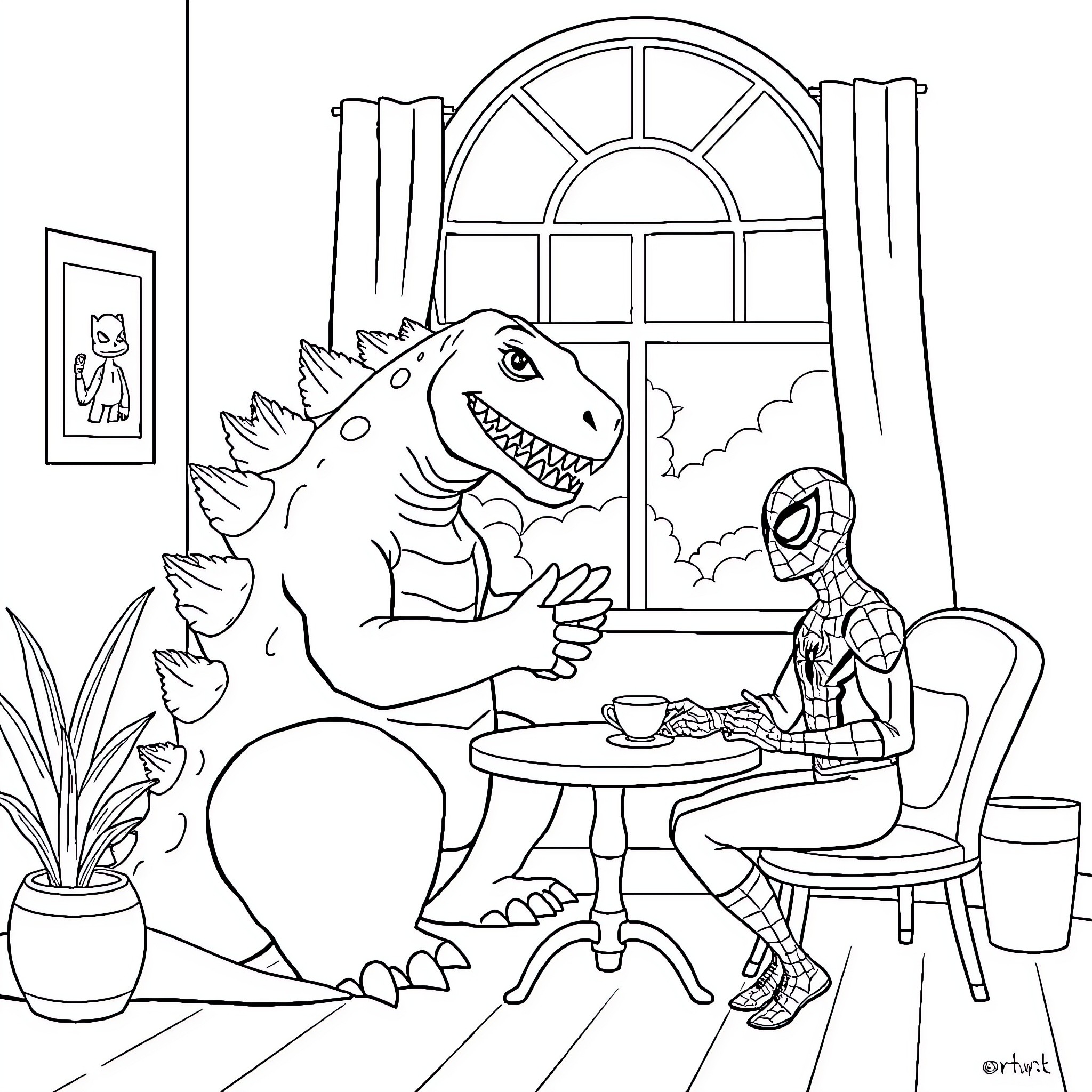Godzilla Enjoying Tea Time with Spiderman Coloring Page (free black-and-white line drawing printable PDF for all, from beginners to advanced learners, including children, teens, adults, and seniors)