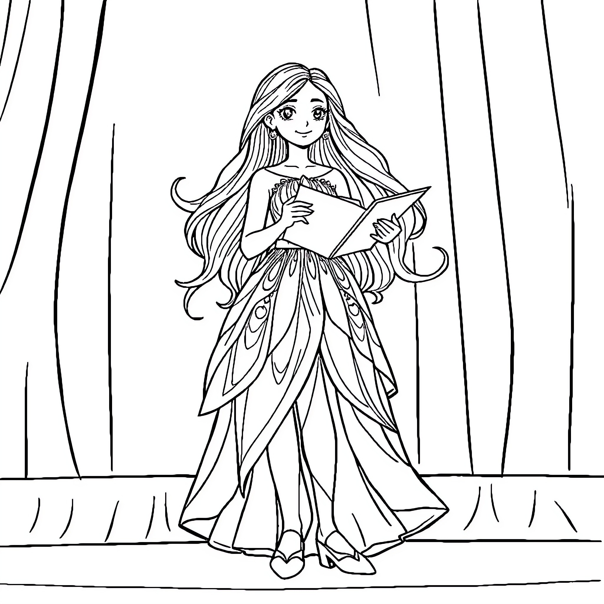 Girl in Elegant Dress Reading a Book Coloring Page (free black-and-white line drawing printable PDF for all, from beginners to advanced learners, including children, teens, adults, and seniors)