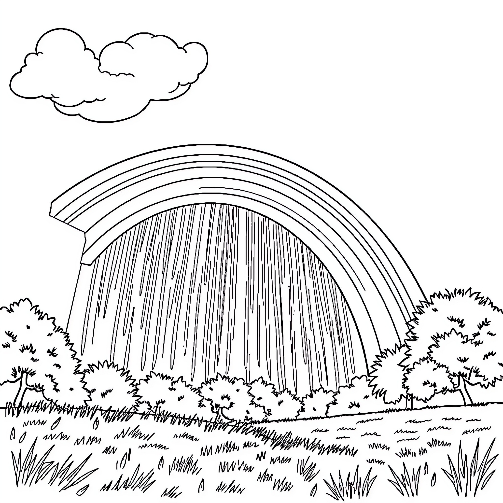 Rainbow-Themed Landscape Scene Coloring Page (free black-and-white line drawing printable PDF for all, from beginners to advanced learners, including children, teens, adults, and seniors)