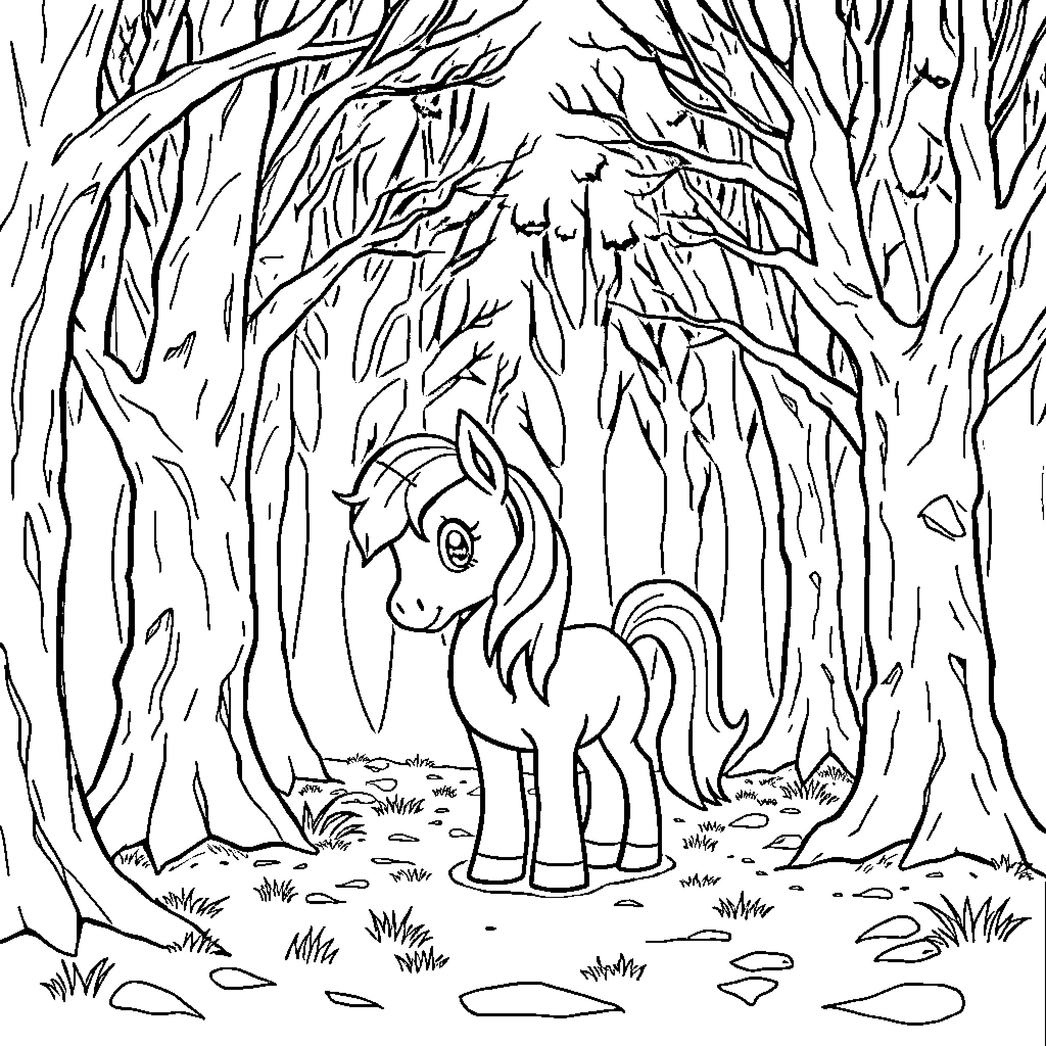 Pony wandering through the enchanted forest Coloring Page (free black-and-white line drawing printable PDF for all, from beginners to advanced learners, including children, teens, adults, and seniors)