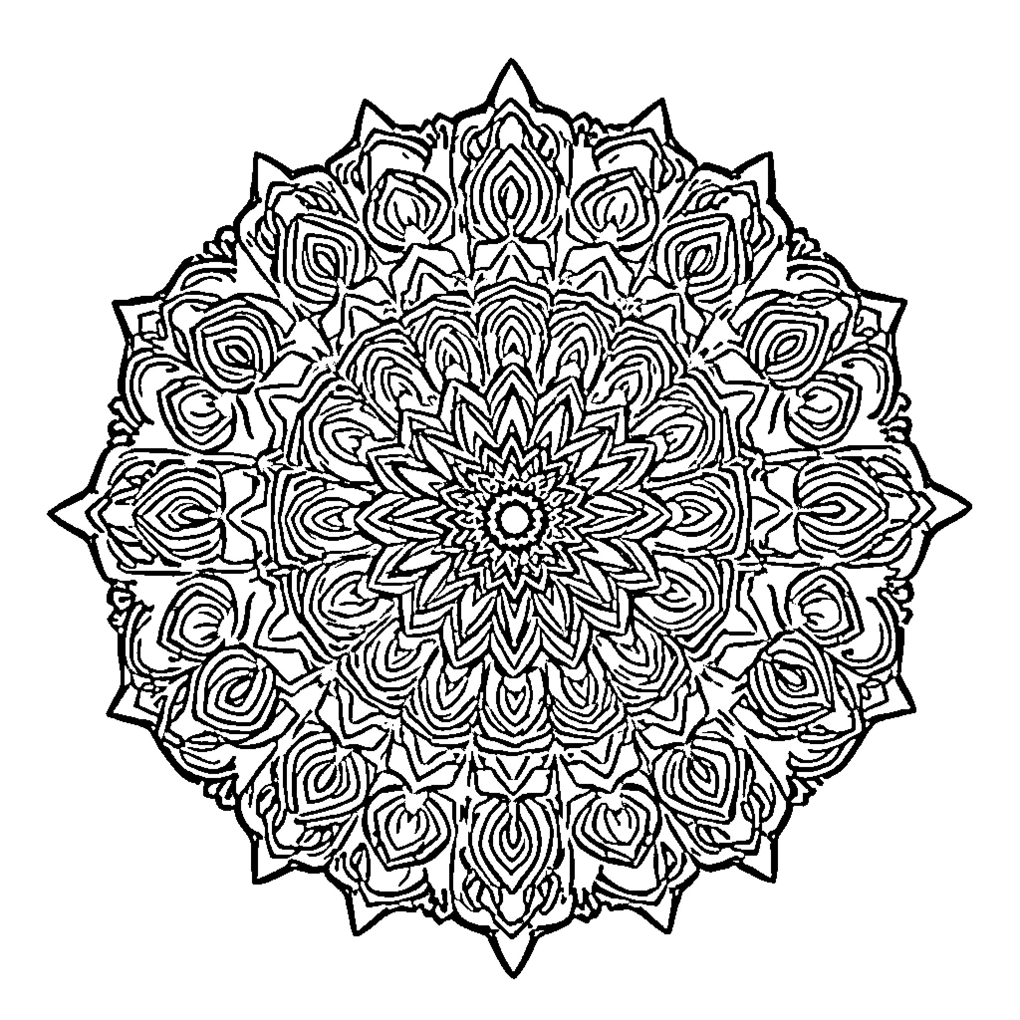 Mandala with intricate floral pattern Coloring Page (free black-and-white line drawing printable PDF for all, from beginners to advanced learners, including children, teens, adults, and seniors)