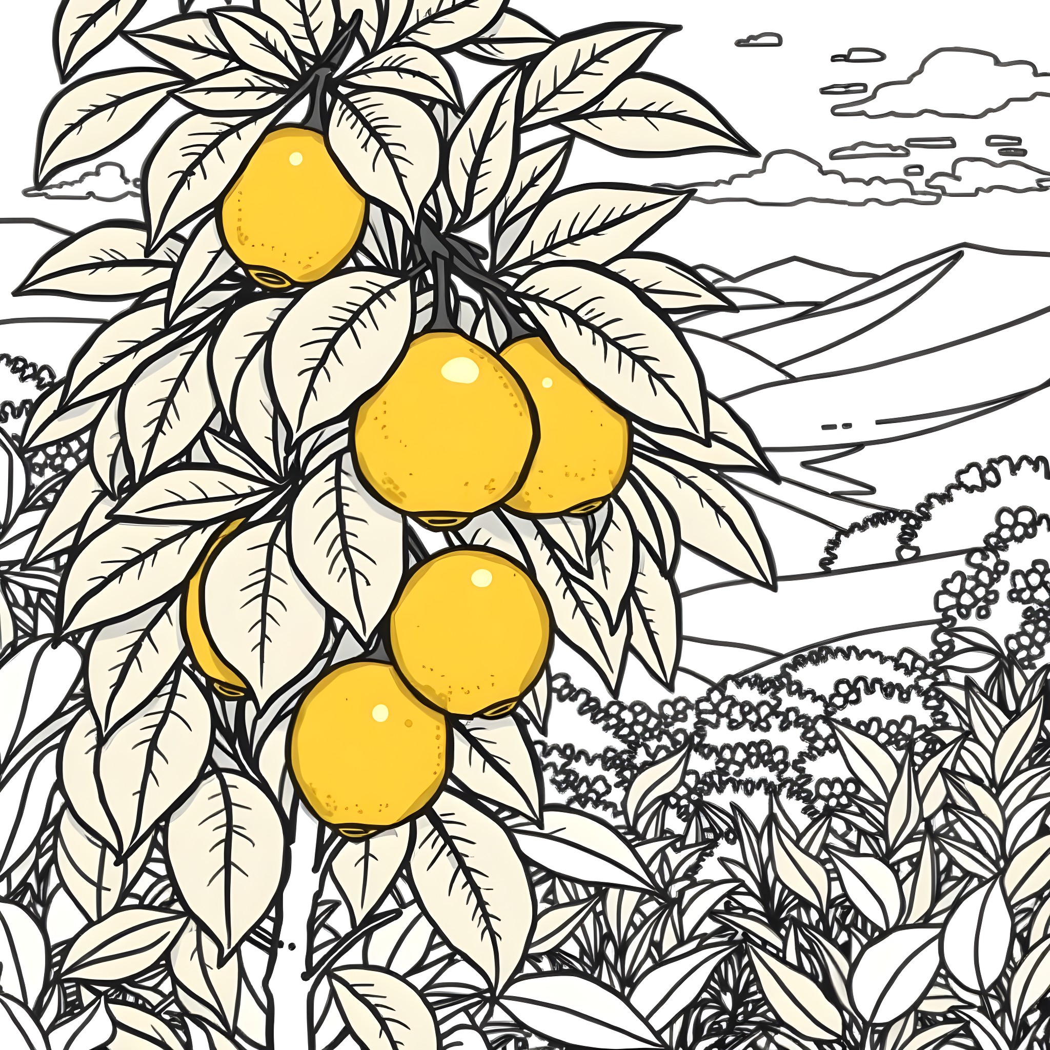 Citron fruits in a tropical garden Coloring Page (free black-and-white line drawing printable PDF for all, from beginners to advanced learners, including children, teens, adults, and seniors)