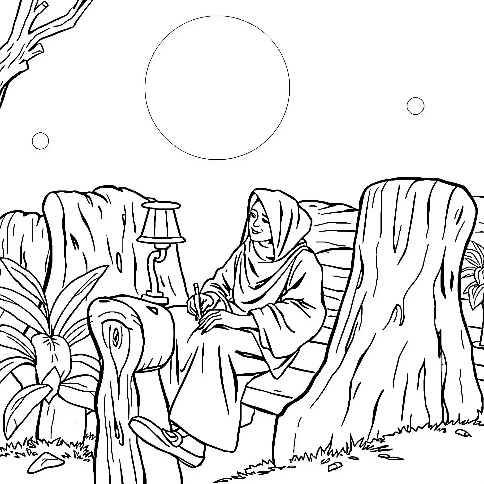 Pemuda in tranquil meditation amidst nature's splendor Coloring Page (free black-and-white line drawing printable PDF for all, from beginners to advanced learners, including children, teens, adults, and seniors)