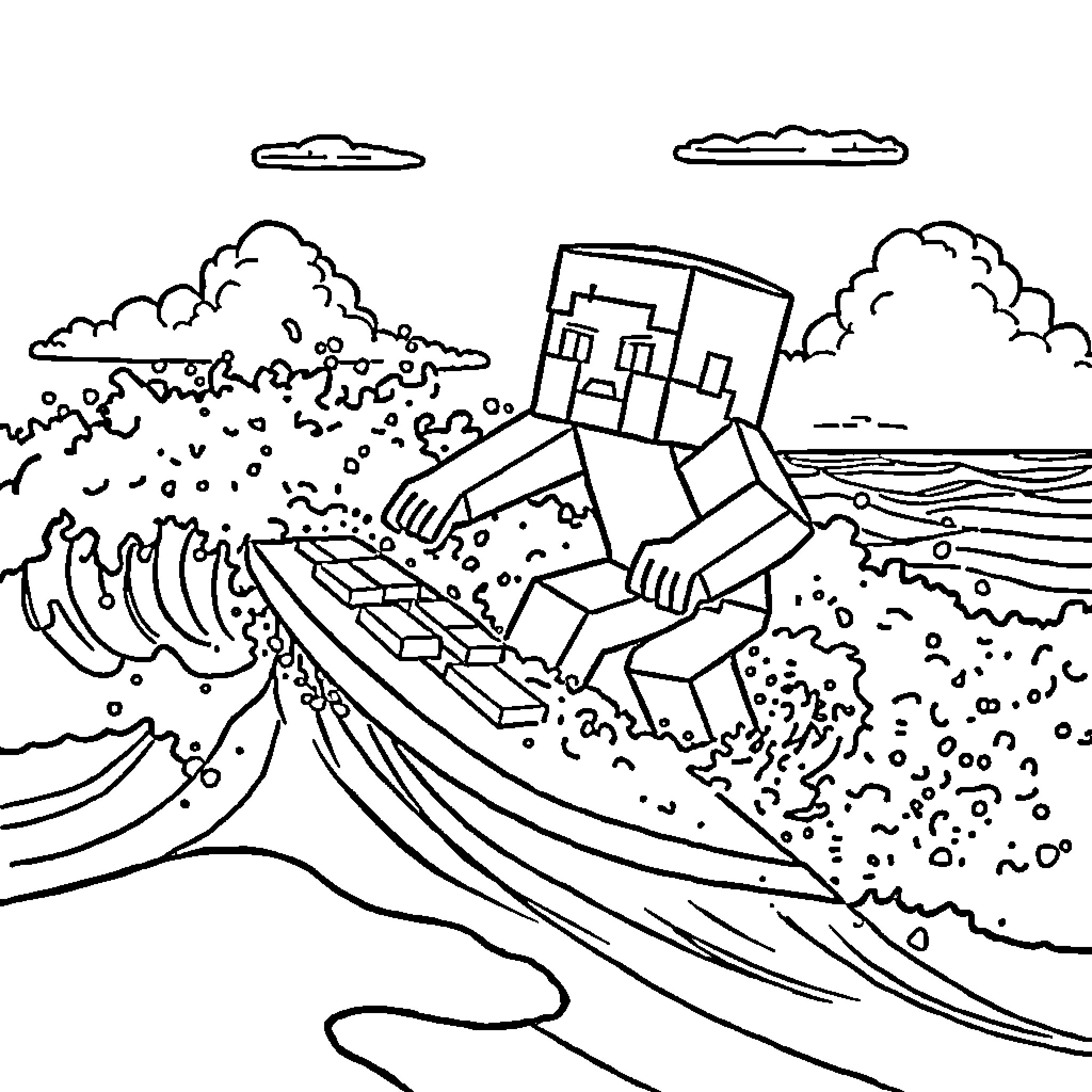 Minecraft character surfing big waves Coloring Page (free black-and-white line drawing printable PDF for all, from beginners to advanced learners, including children, teens, adults, and seniors)