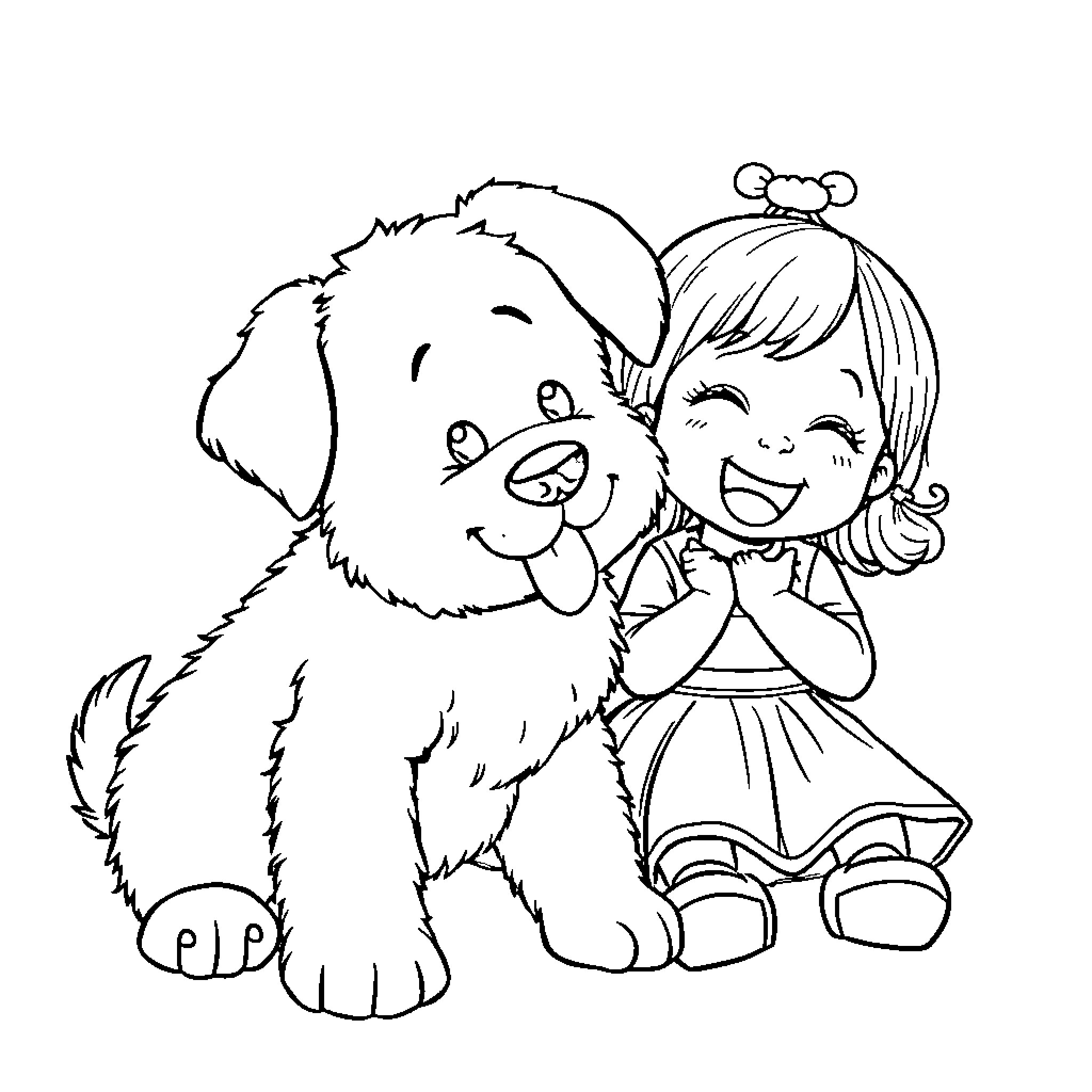 Puppy and girl playing together happily Coloring Page (free black-and-white line drawing printable PDF for all, from beginners to advanced learners, including children, teens, adults, and seniors)