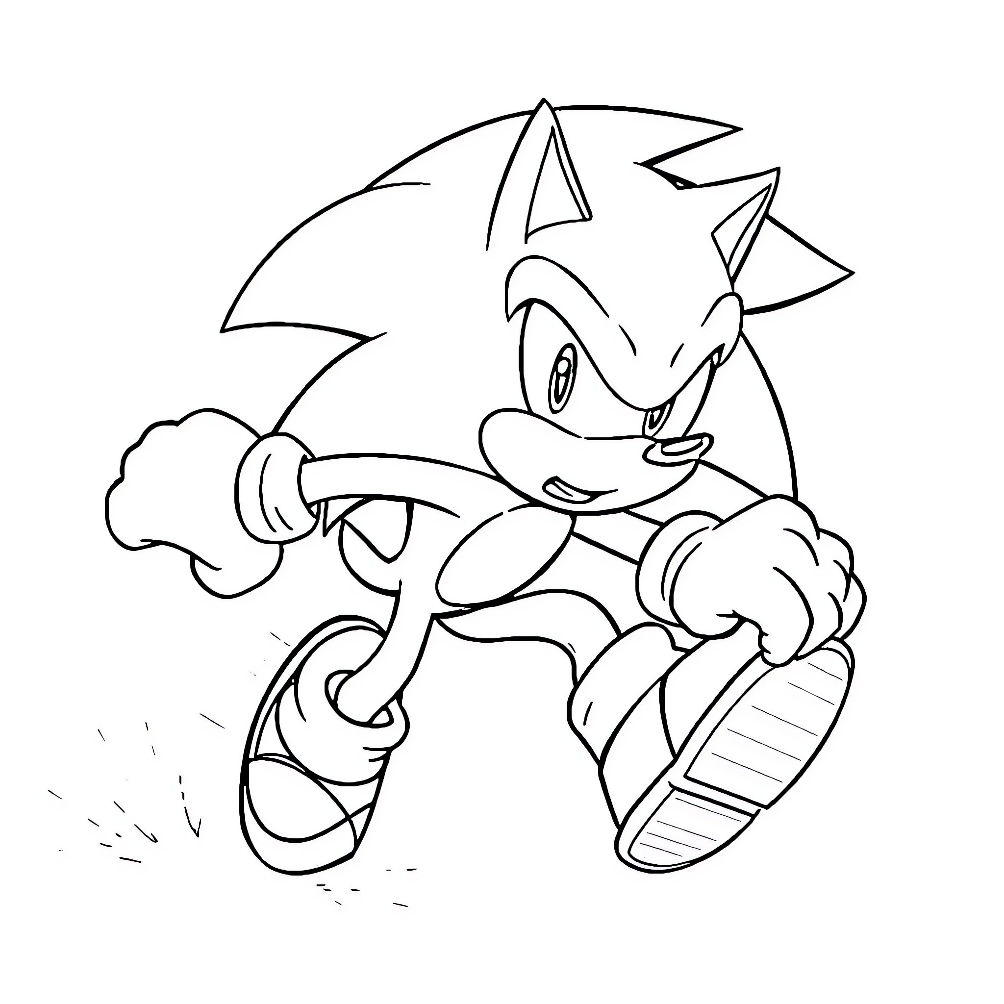 Sonic character running and jumping in action Coloring Page (free black-and-white line drawing printable PDF for all, from beginners to advanced learners, including children, teens, adults, and seniors)