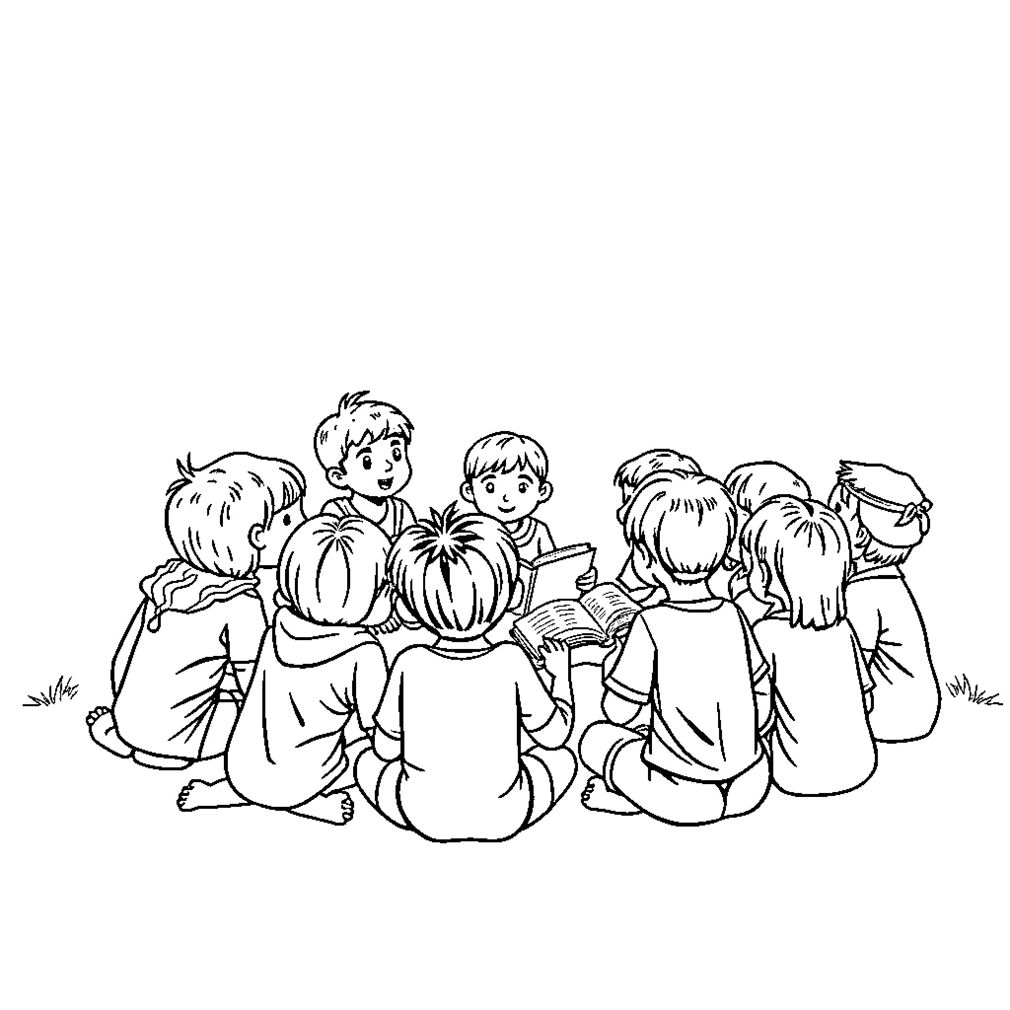 Kid Sitting Together Reading Books Coloring Page (free black-and-white line drawing printable PDF for all, from beginners to advanced learners, including children, teens, adults, and seniors)