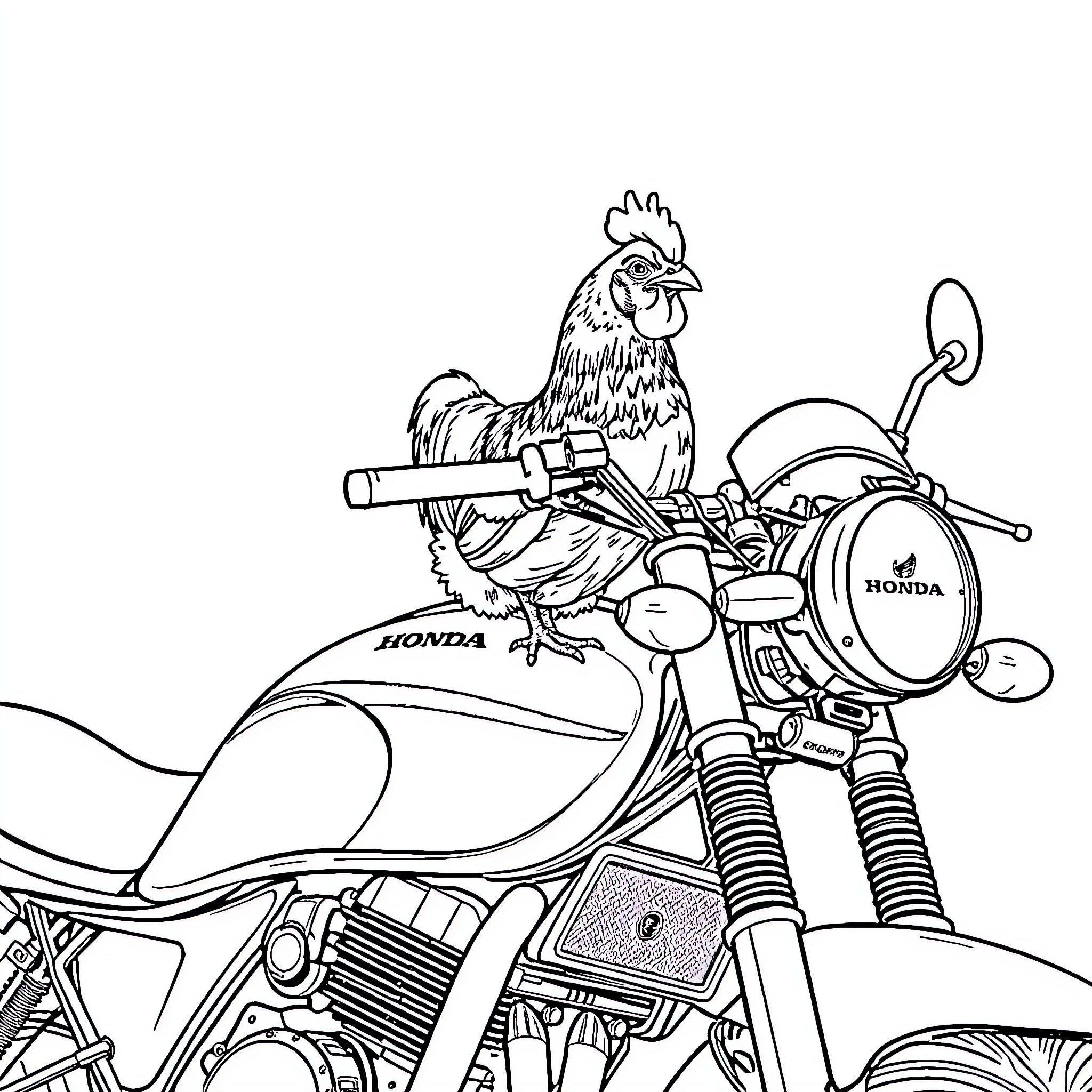 Chicken riding a motorcycle in the countryside Coloring Page (free black-and-white line drawing printable PDF for all, from beginners to advanced learners, including children, teens, adults, and seniors)
