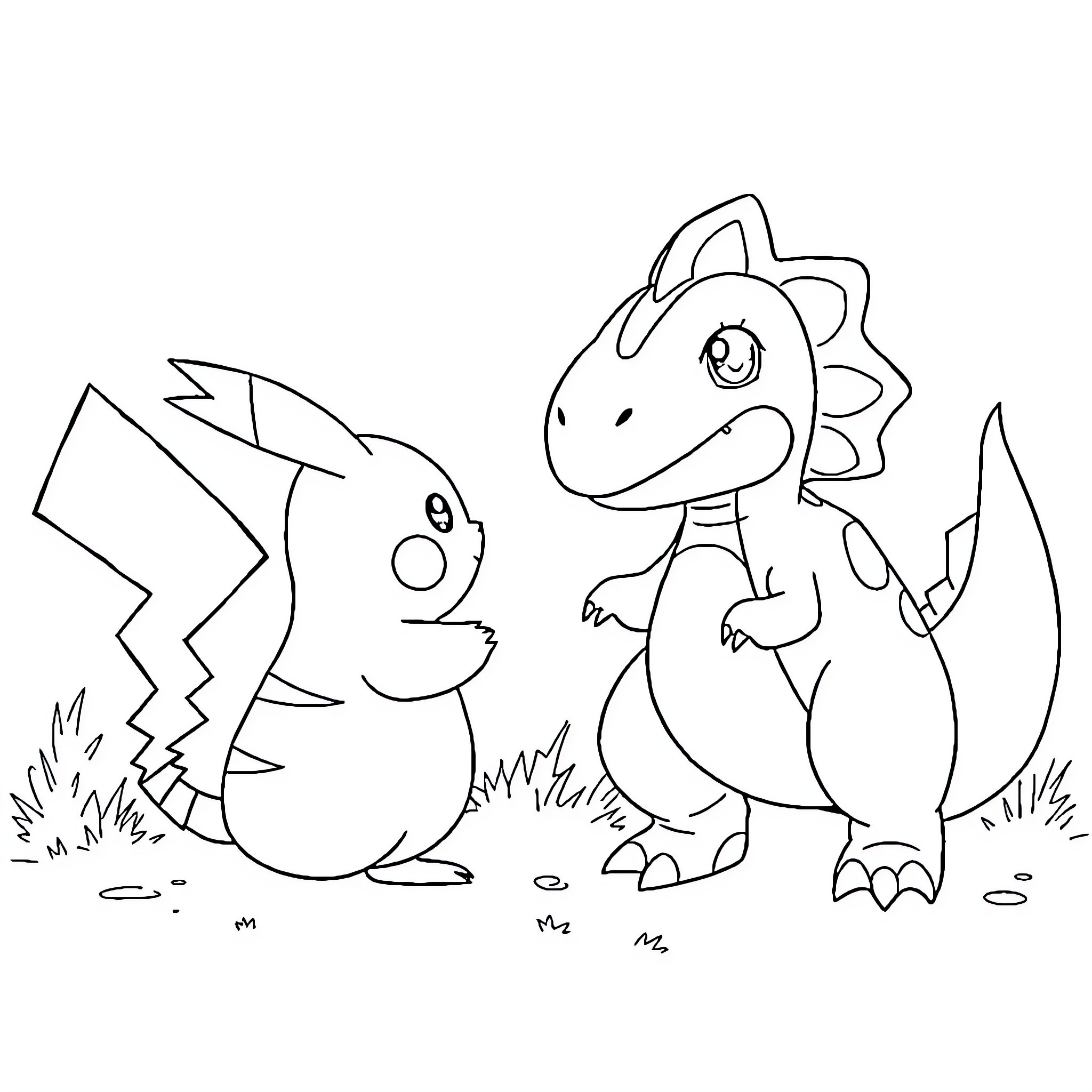 Pikachu and Dinosaur Playing Together Coloring Page (free black-and-white line drawing printable PDF for all, from beginners to advanced learners, including children, teens, adults, and seniors)