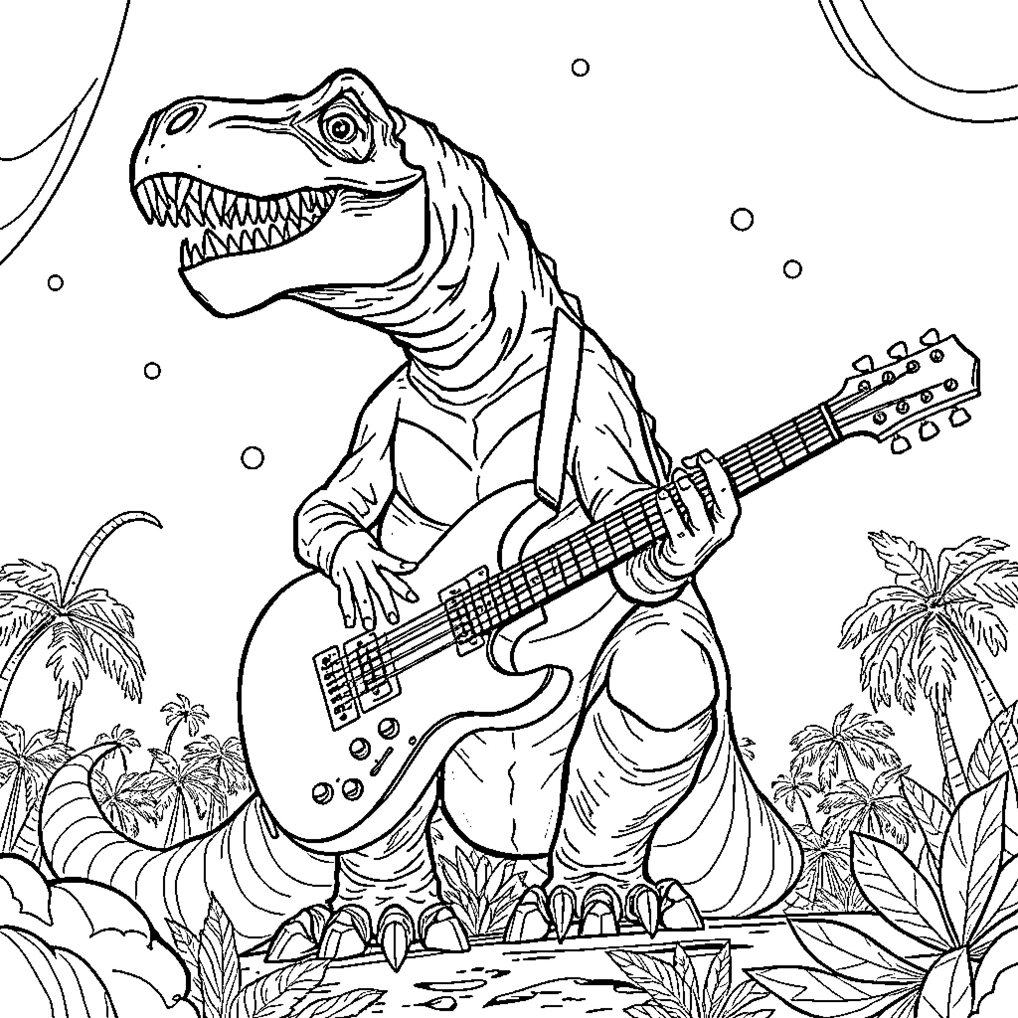 Tyrannosaurus Rex playing electric guitar in jungle landscape Coloring Page (free black-and-white line drawing printable PDF for all, from beginners to advanced learners, including children, teens, adults, and seniors)
