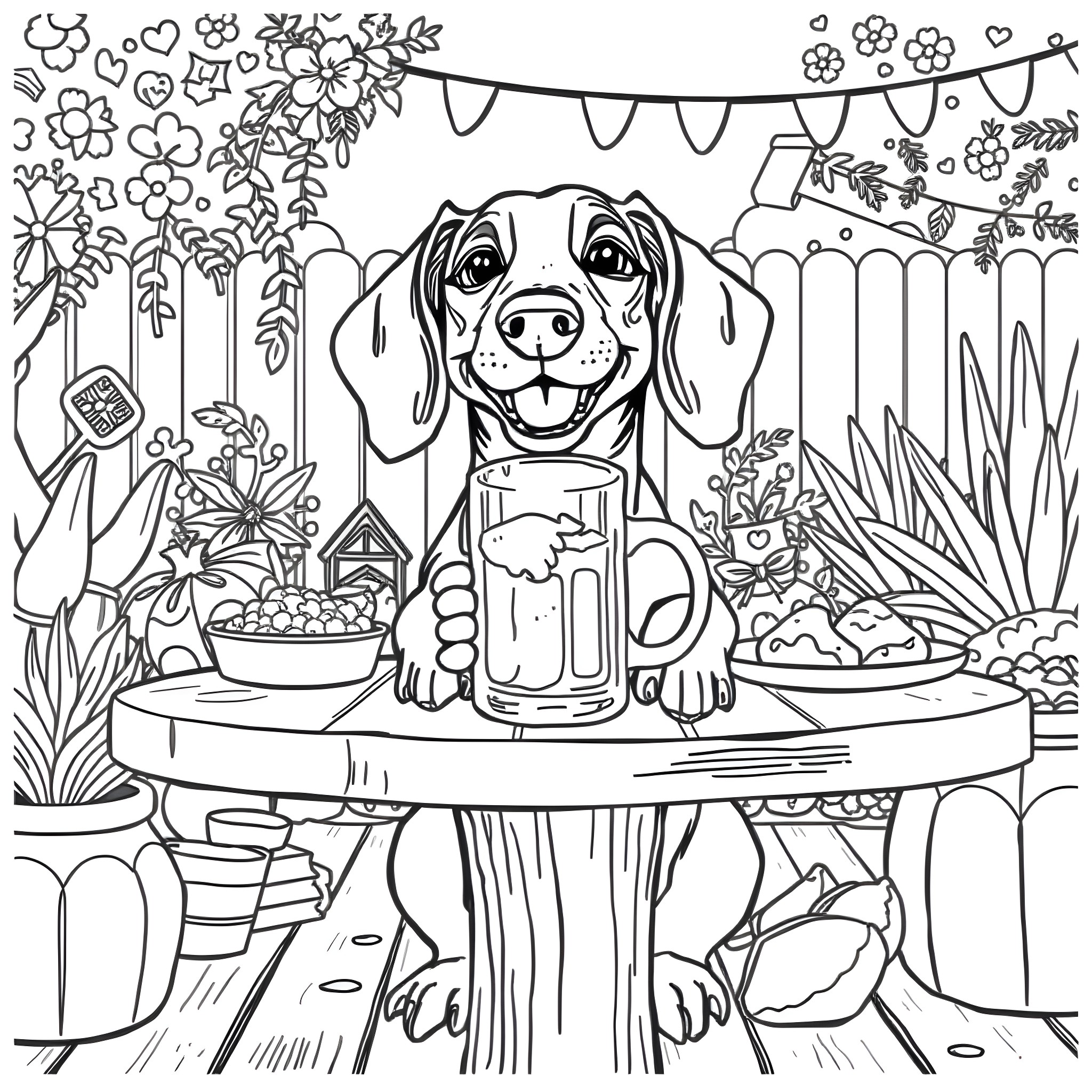 Dachshund enjoying a garden party Coloring Page (free black-and-white line drawing printable PDF for all, from beginners to advanced learners, including children, teens, adults, and seniors)