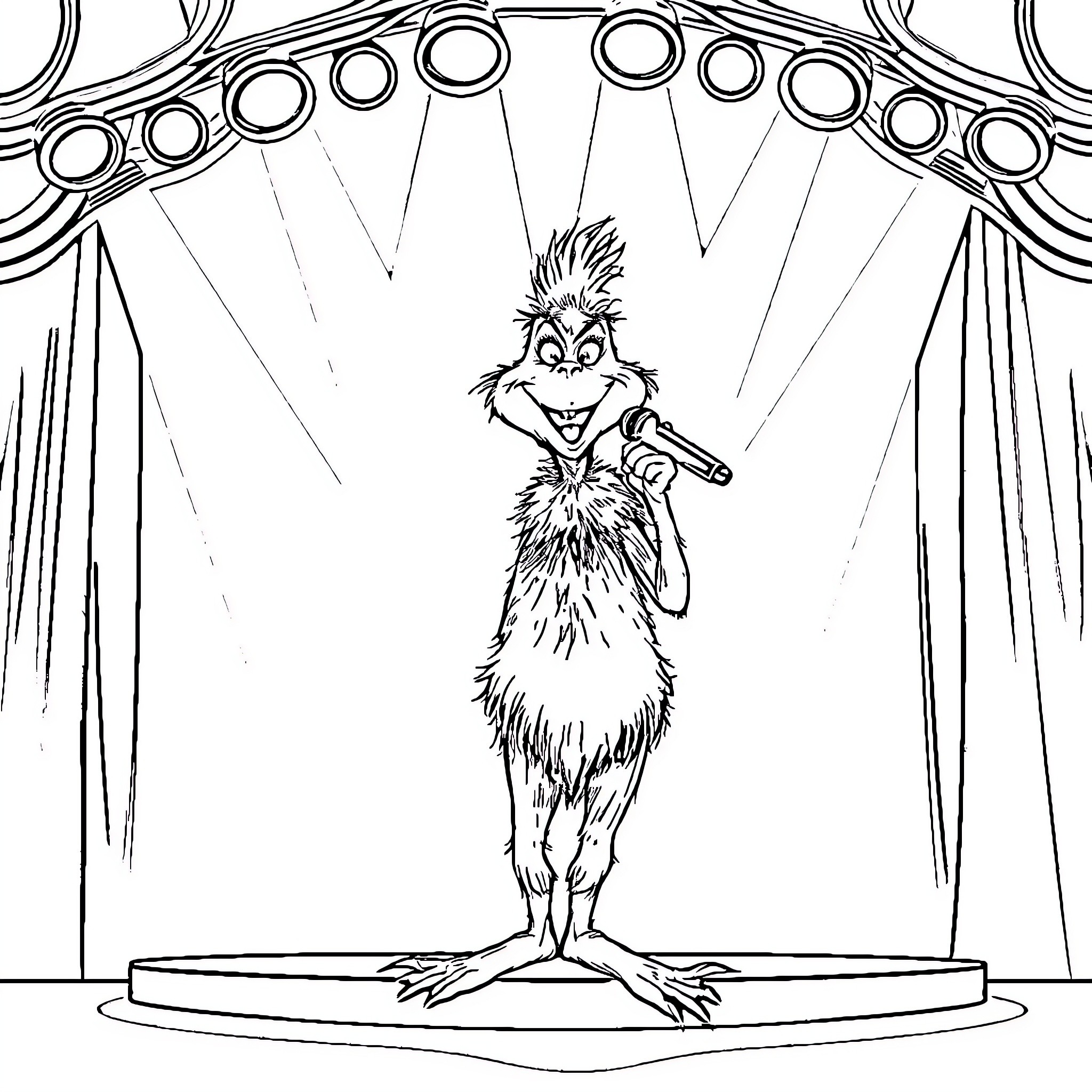 Grinch performing on stage with lights Coloring Page (free black-and-white line drawing printable PDF for all, from beginners to advanced learners, including children, teens, adults, and seniors)
