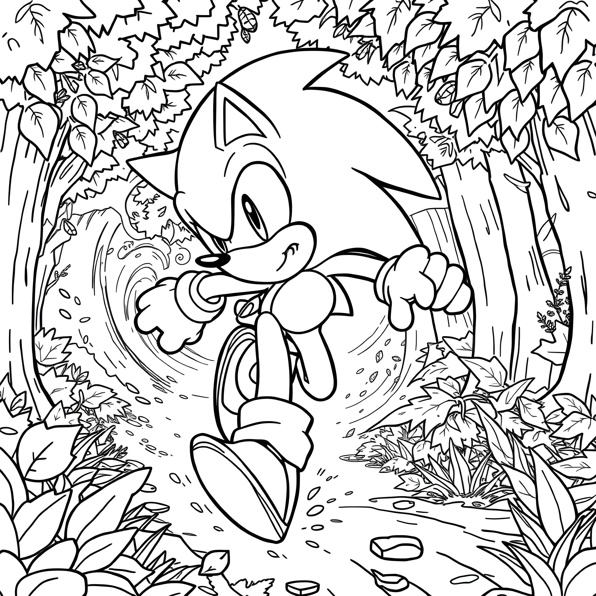 Sonic the Hedgehog running through a lush forest Coloring Page (free black-and-white line drawing printable PDF for all, from beginners to advanced learners, including children, teens, adults, and seniors)