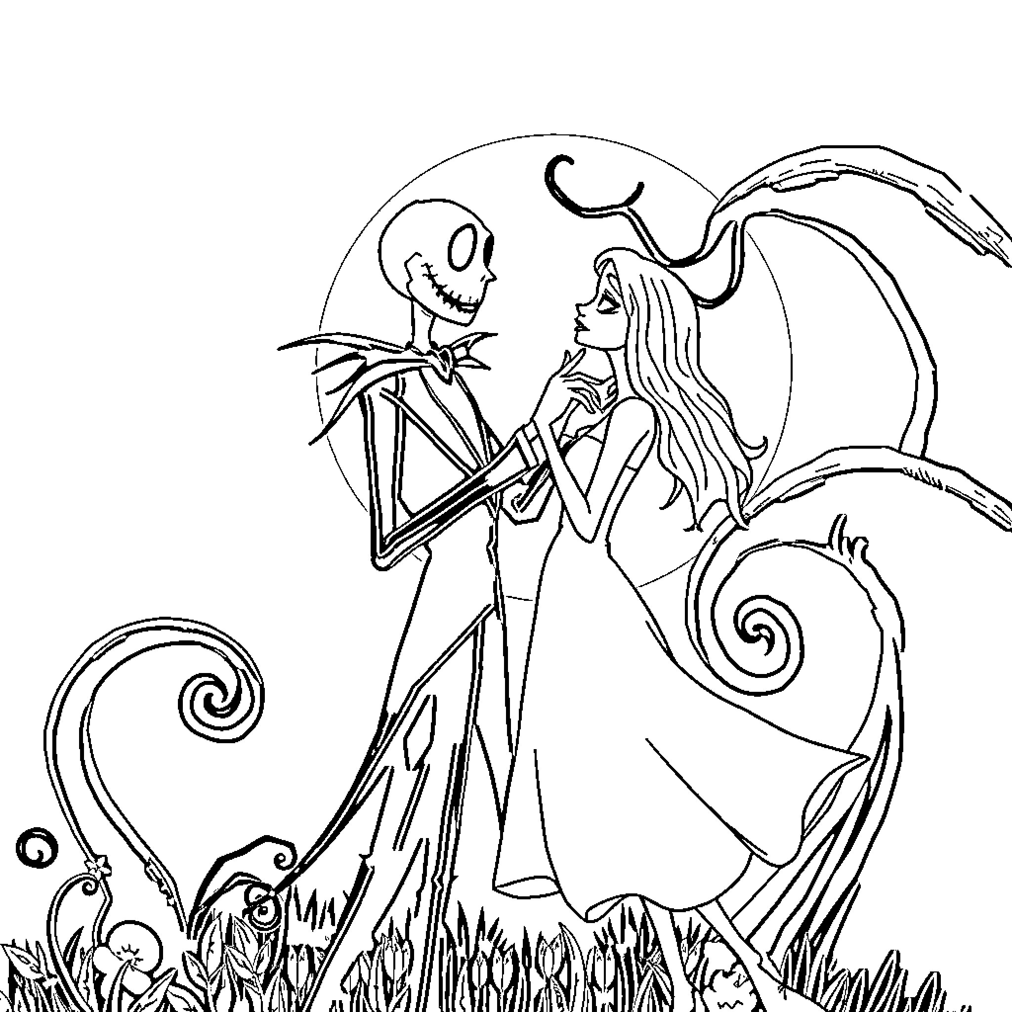 Jack and Sally strolling in the moonlight Coloring Page (free black-and-white line drawing printable PDF for all, from beginners to advanced learners, including children, teens, adults, and seniors)