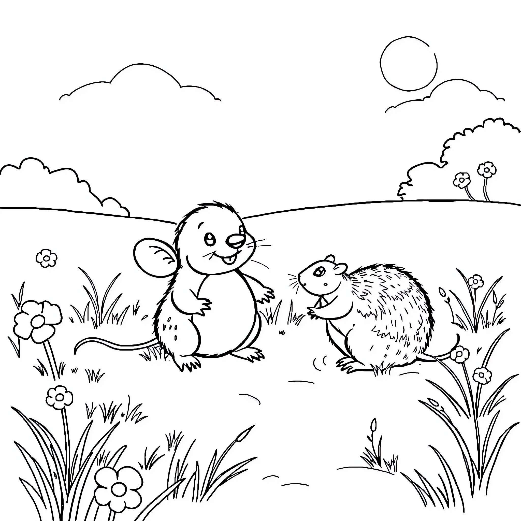 Mole exploring a floral meadow with woodland creatures Coloring Page (free black-and-white line drawing printable PDF for all, from beginners to advanced learners, including children, teens, adults, and seniors)