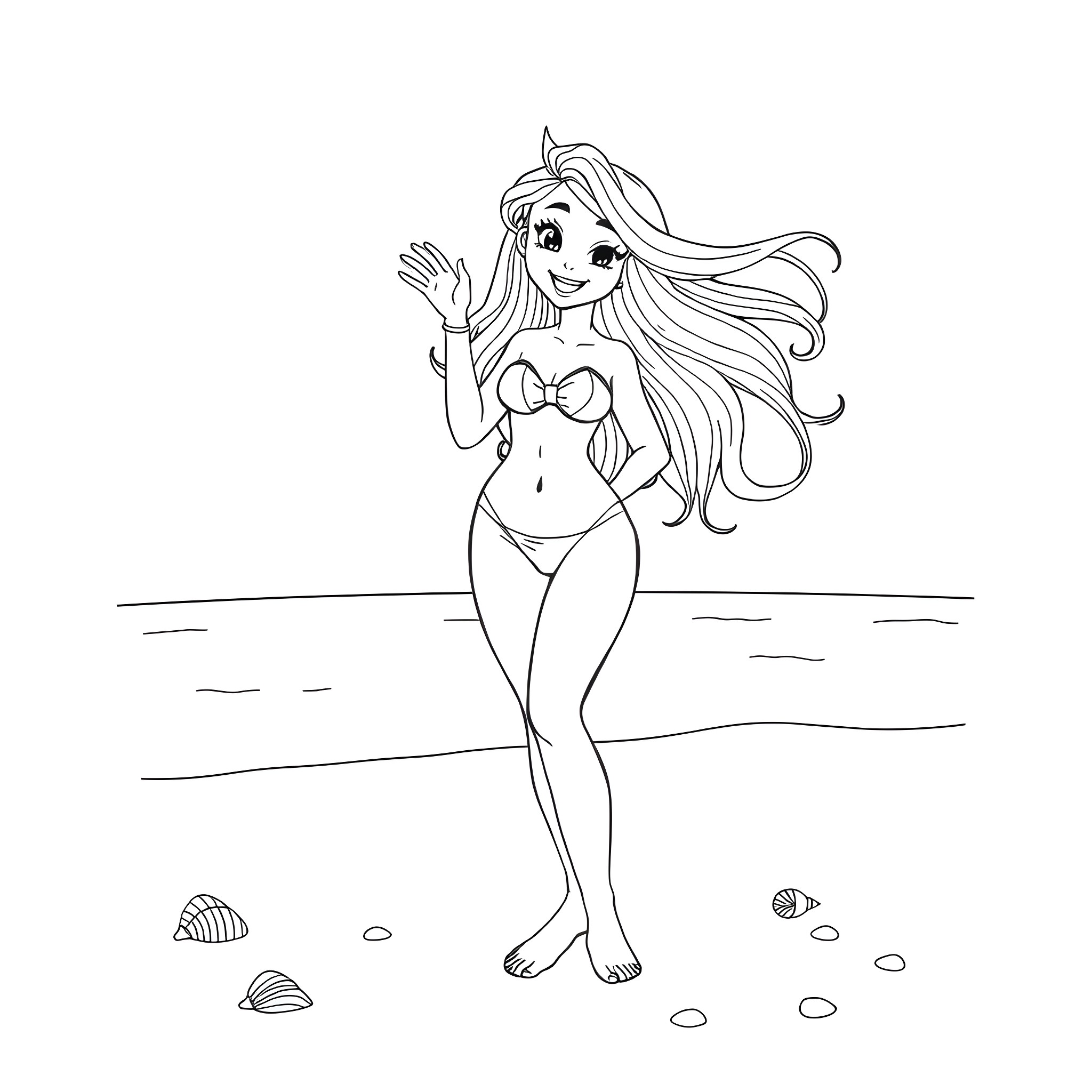 Nami, the Friendly Mermaid on the Beach Coloring Page (free black-and-white line drawing printable PDF for all, from beginners to advanced learners, including children, teens, adults, and seniors)