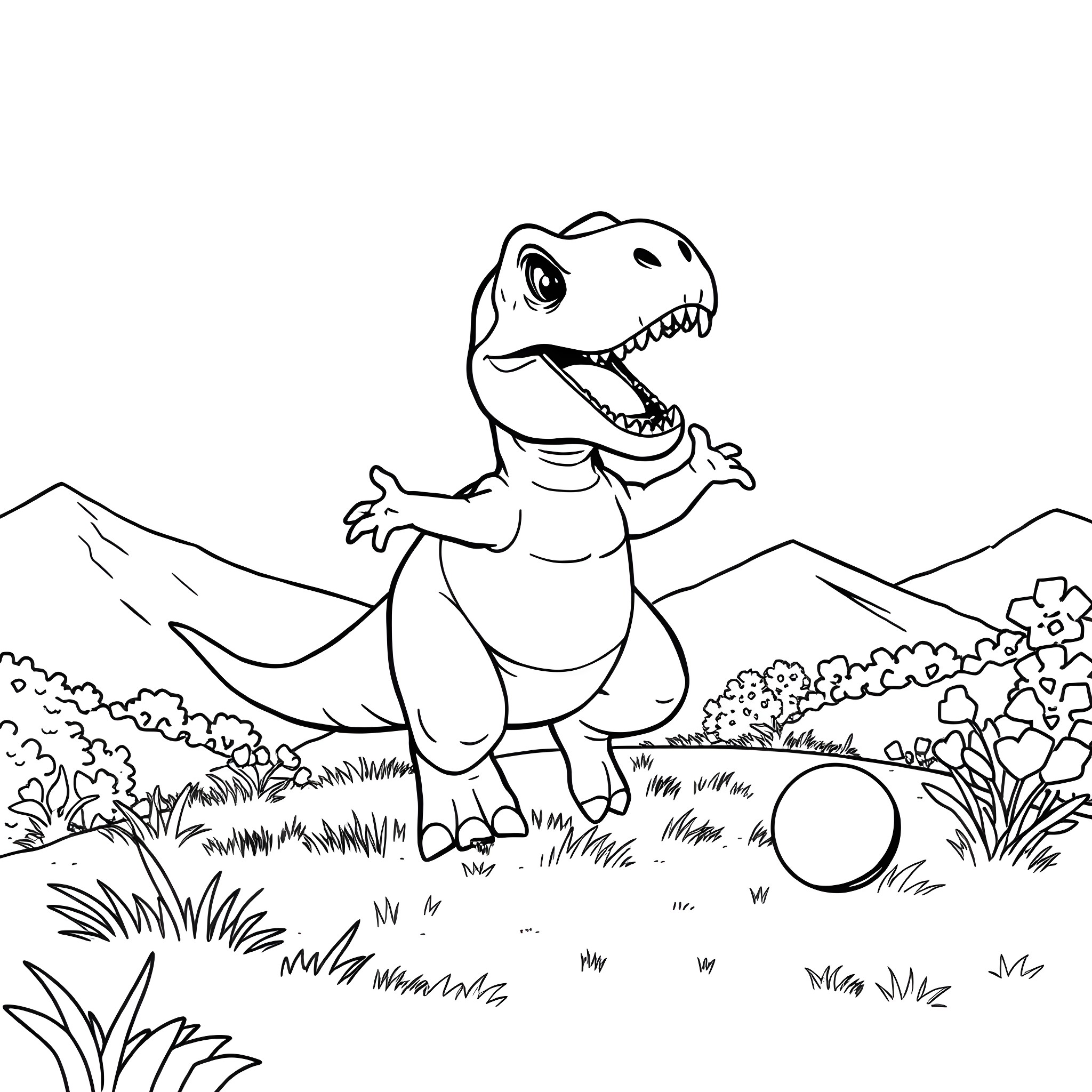 T-Rex playing happily in the wilderness Coloring Page (free black-and-white line drawing printable PDF for all, from beginners to advanced learners, including children, teens, adults, and seniors)