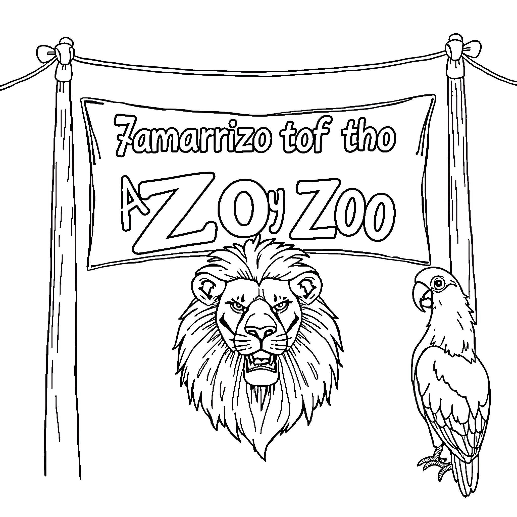 Lion at the Zoo with Parrot Coloring Page (free black-and-white line drawing printable PDF for all, from beginners to advanced learners, including children, teens, adults, and seniors)