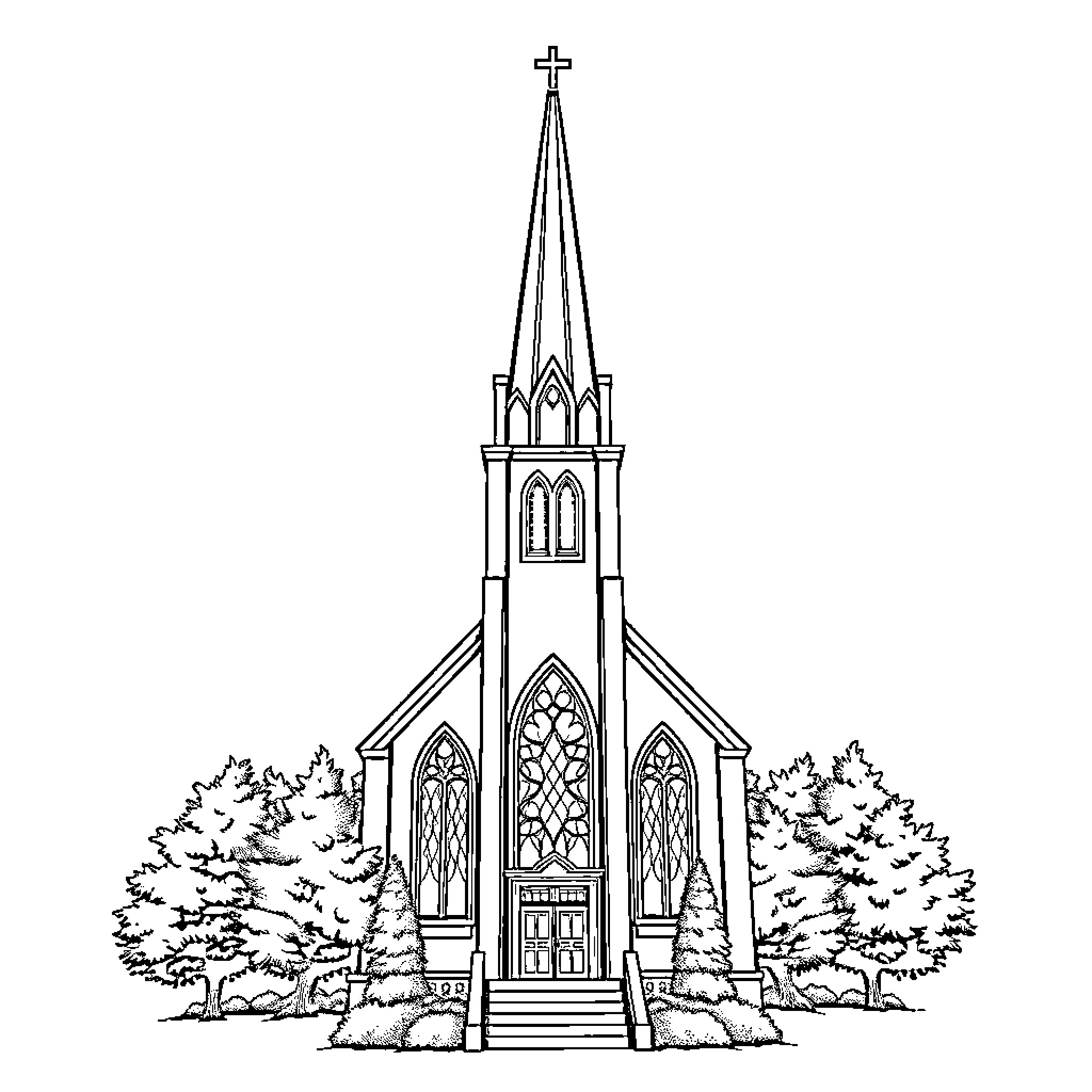 Church with Gothic-style architecture and landscaping Coloring Page (free black-and-white line drawing printable PDF for all, from beginners to advanced learners, including children, teens, adults, and seniors)
