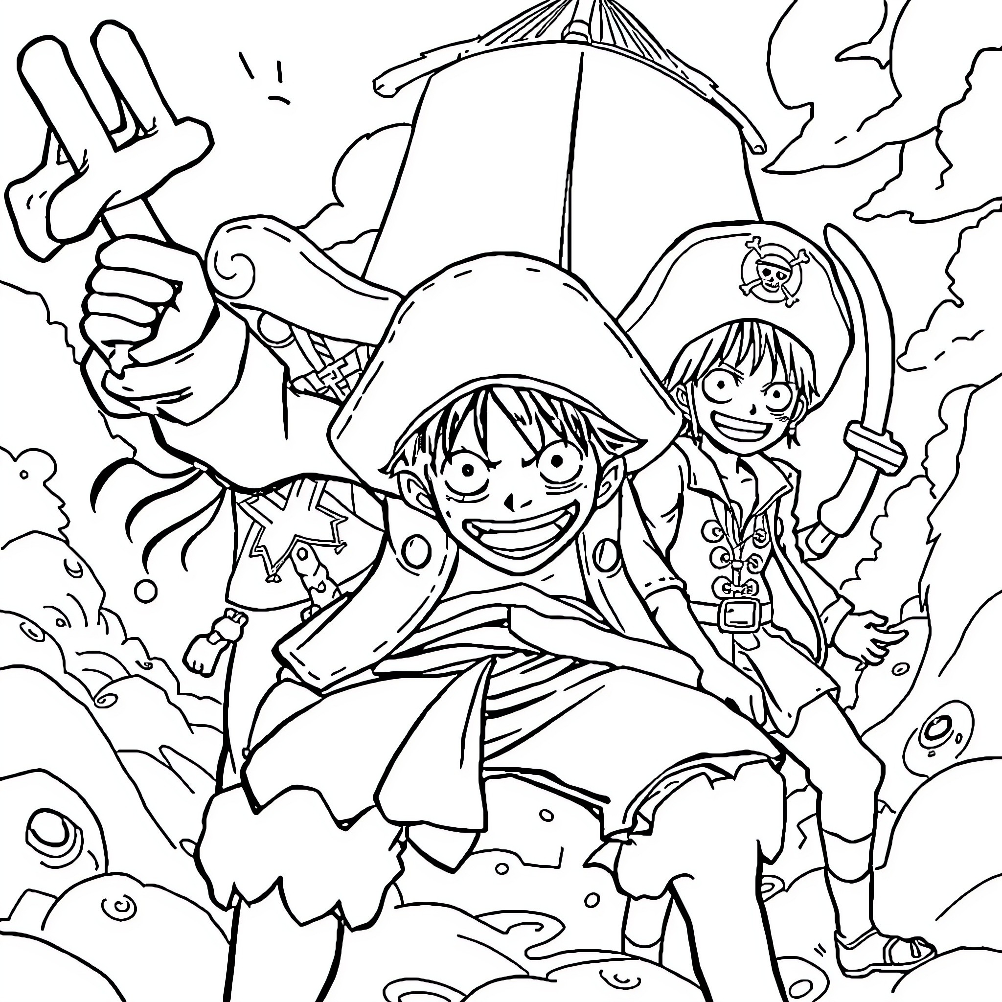 One Piece: Monkey D. Luffy and Crew's Adventure Coloring Page (free black-and-white line drawing printable PDF for all, from beginners to advanced learners, including children, teens, adults, and seniors)