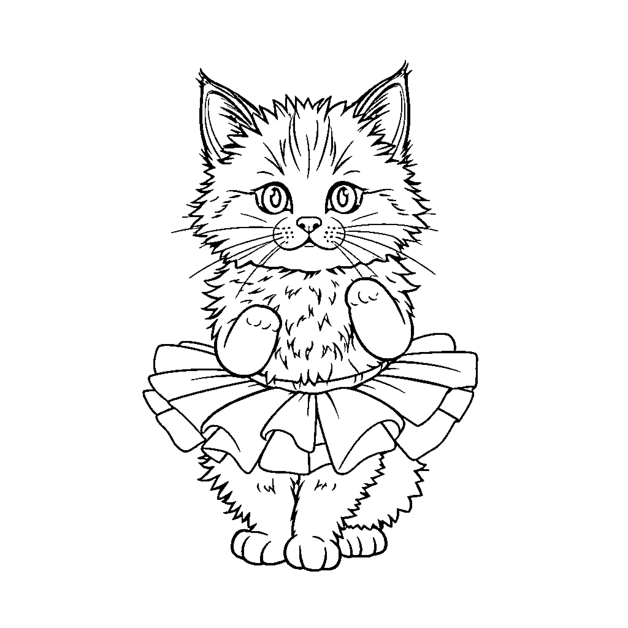 Cat in a Frilly Dress Coloring Page (free black-and-white line drawing printable PDF for all, from beginners to advanced learners, including children, teens, adults, and seniors)