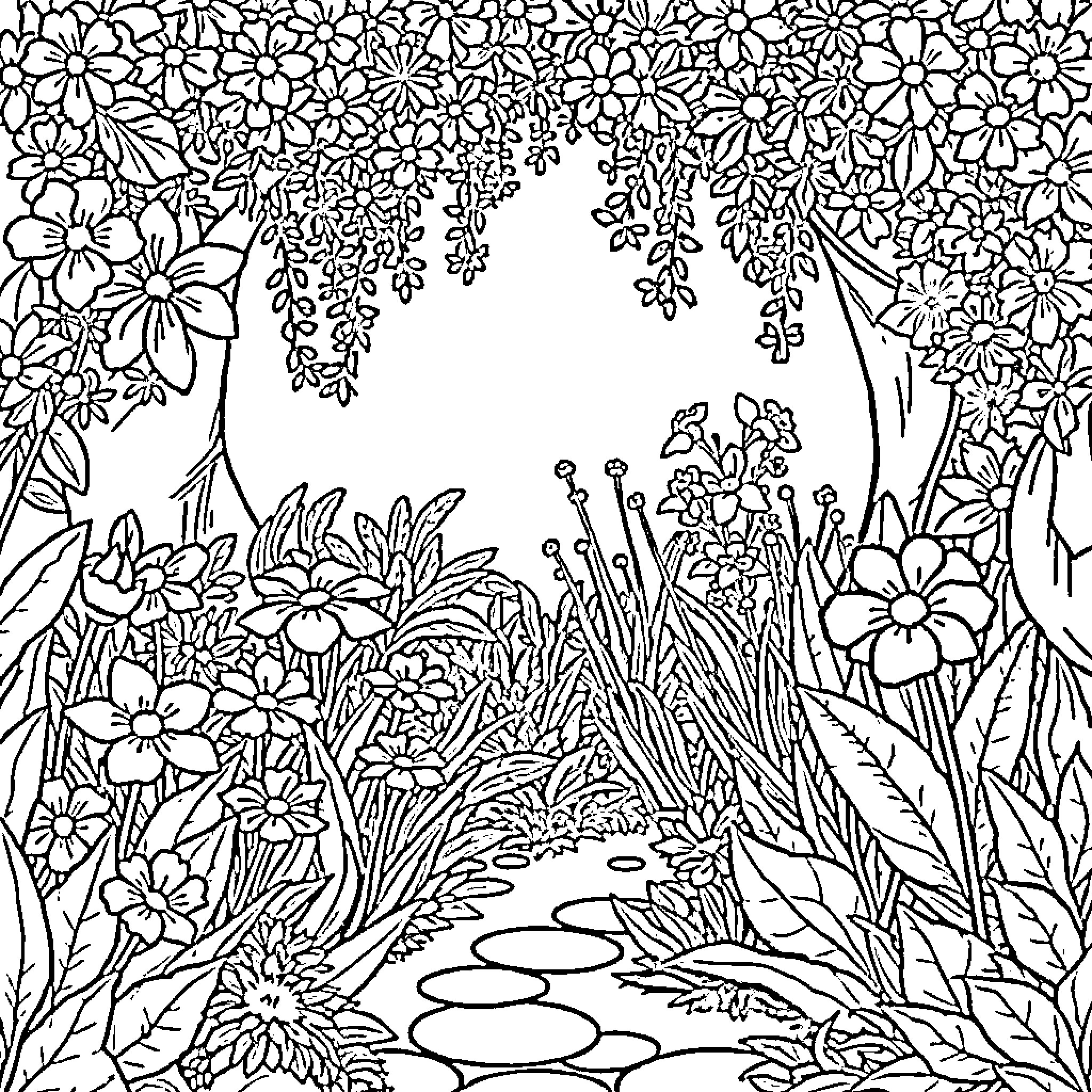 Garden filled with diverse flowers and foliage Coloring Page (free black-and-white line drawing printable PDF for all, from beginners to advanced learners, including children, teens, adults, and seniors)