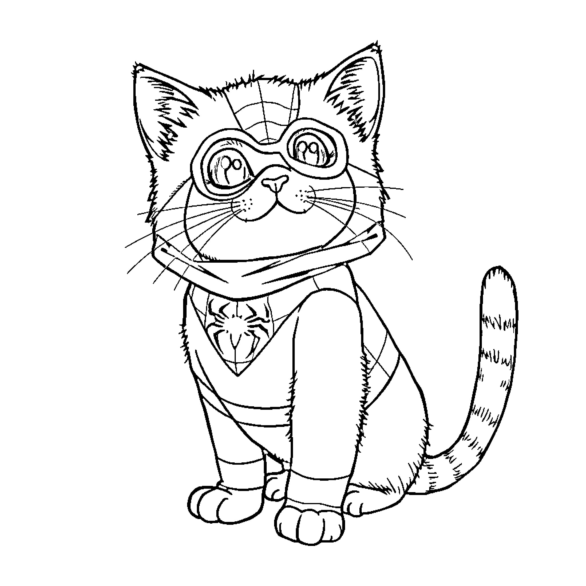 Cat in funny superhero costume Coloring Page (free black-and-white line drawing printable PDF for all, from beginners to advanced learners, including children, teens, adults, and seniors)