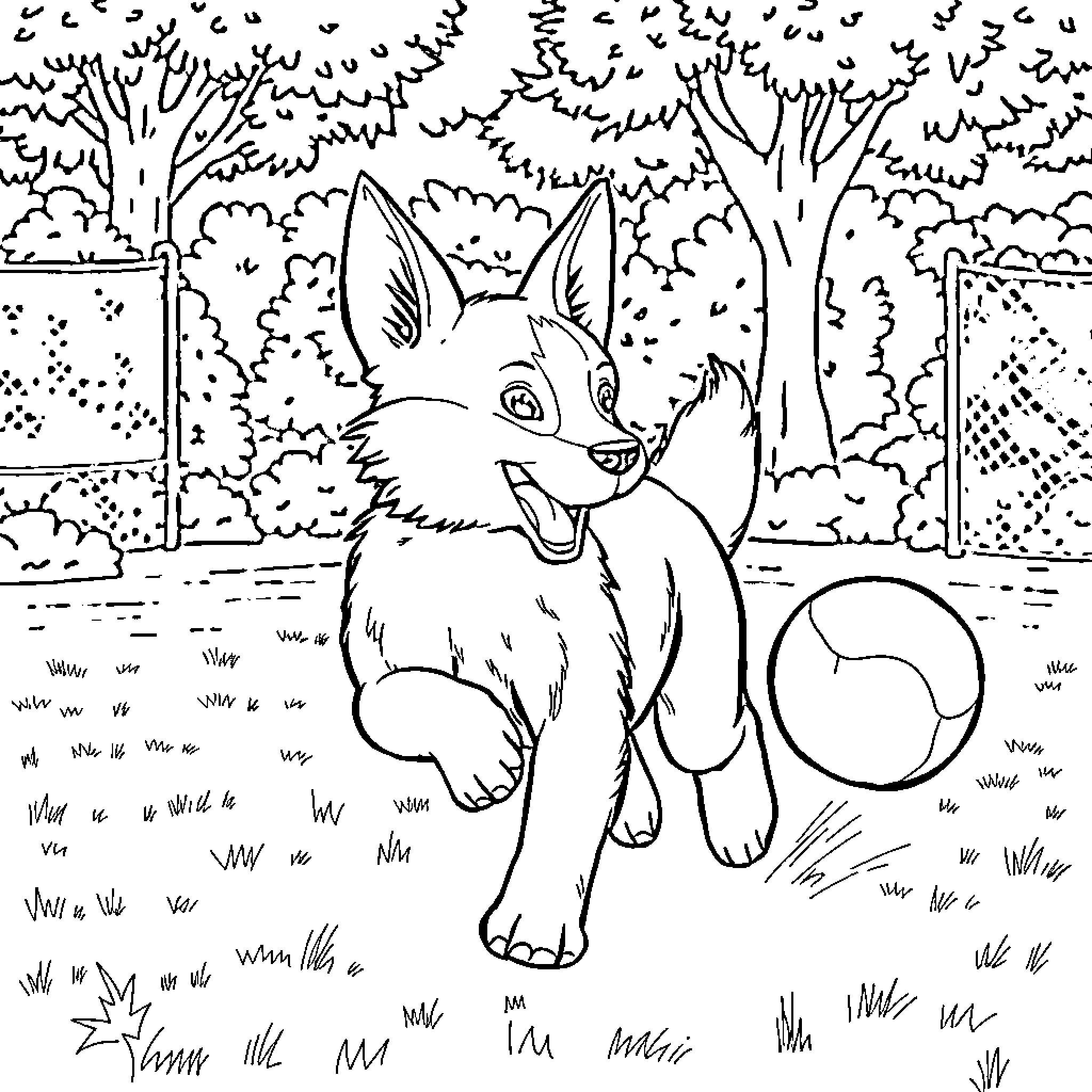 Dog exploring the forest with curiosity Coloring Page (free black-and-white line drawing printable PDF for all, from beginners to advanced learners, including children, teens, adults, and seniors)