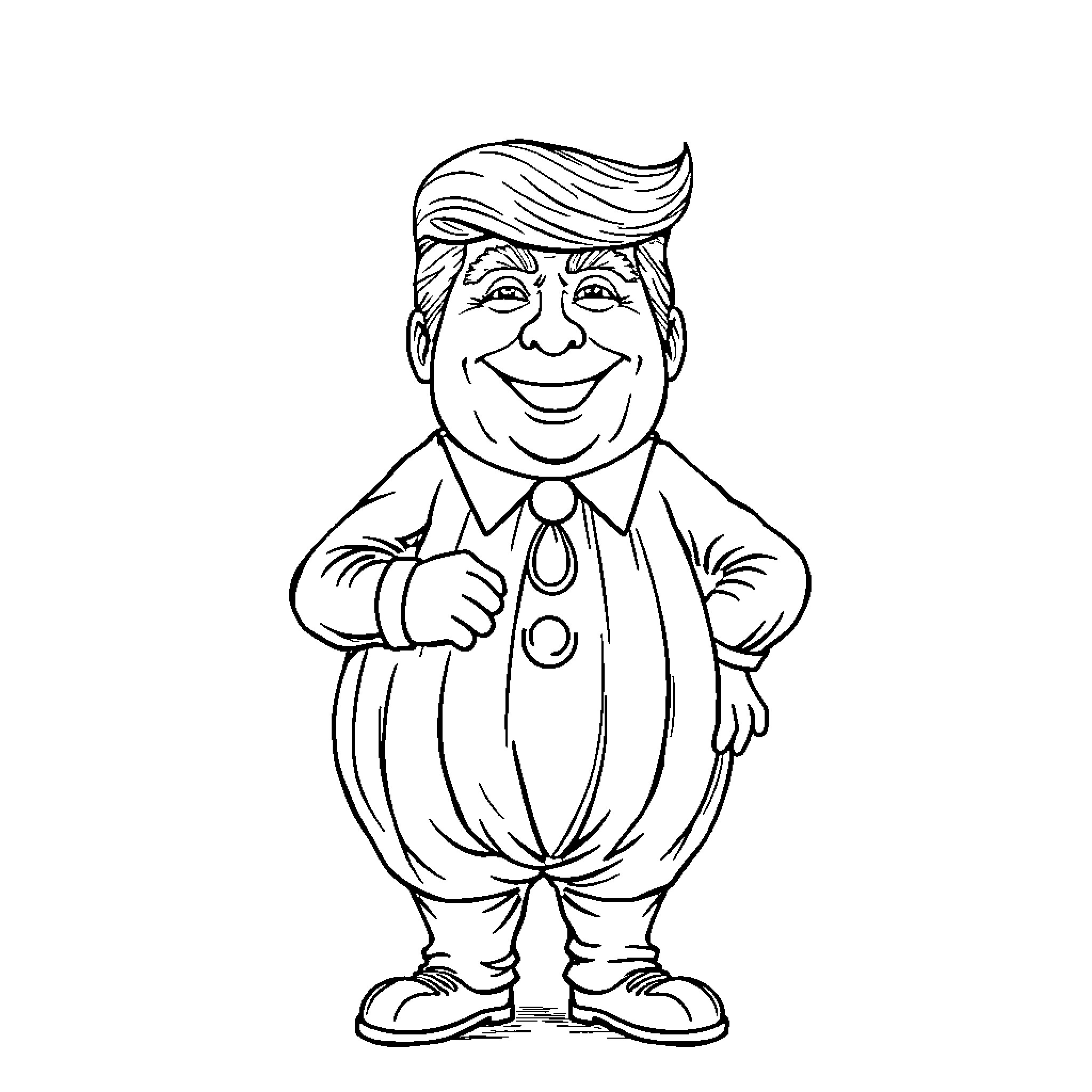 Donald Trump portrayed in a cartoonish style Coloring Page (free black-and-white line drawing printable PDF for all, from beginners to advanced learners, including children, teens, adults, and seniors)