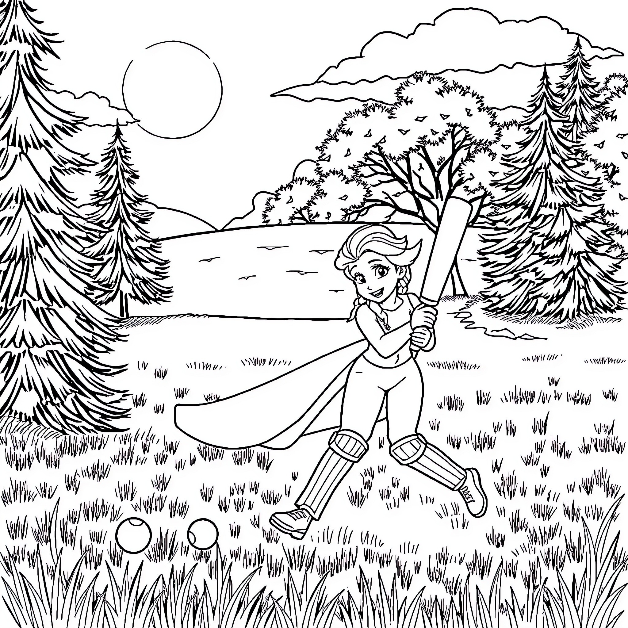 Cricket player in a scenic forest landscape Coloring Page (free black-and-white line drawing printable PDF for all, from beginners to advanced learners, including children, teens, adults, and seniors)