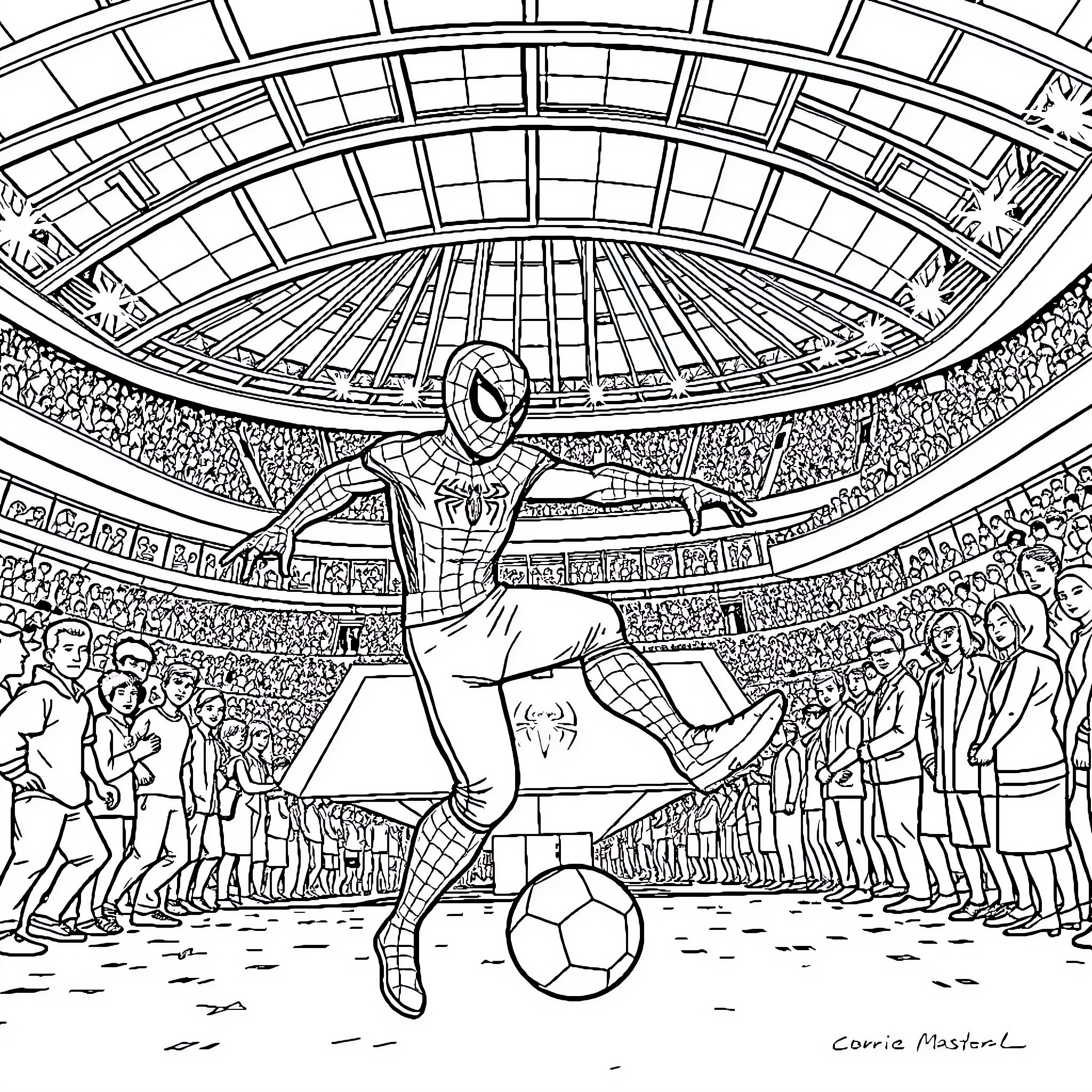 Spider-Man playing soccer in the stadium Coloring Page (free black-and-white line drawing printable PDF for all, from beginners to advanced learners, including children, teens, adults, and seniors)