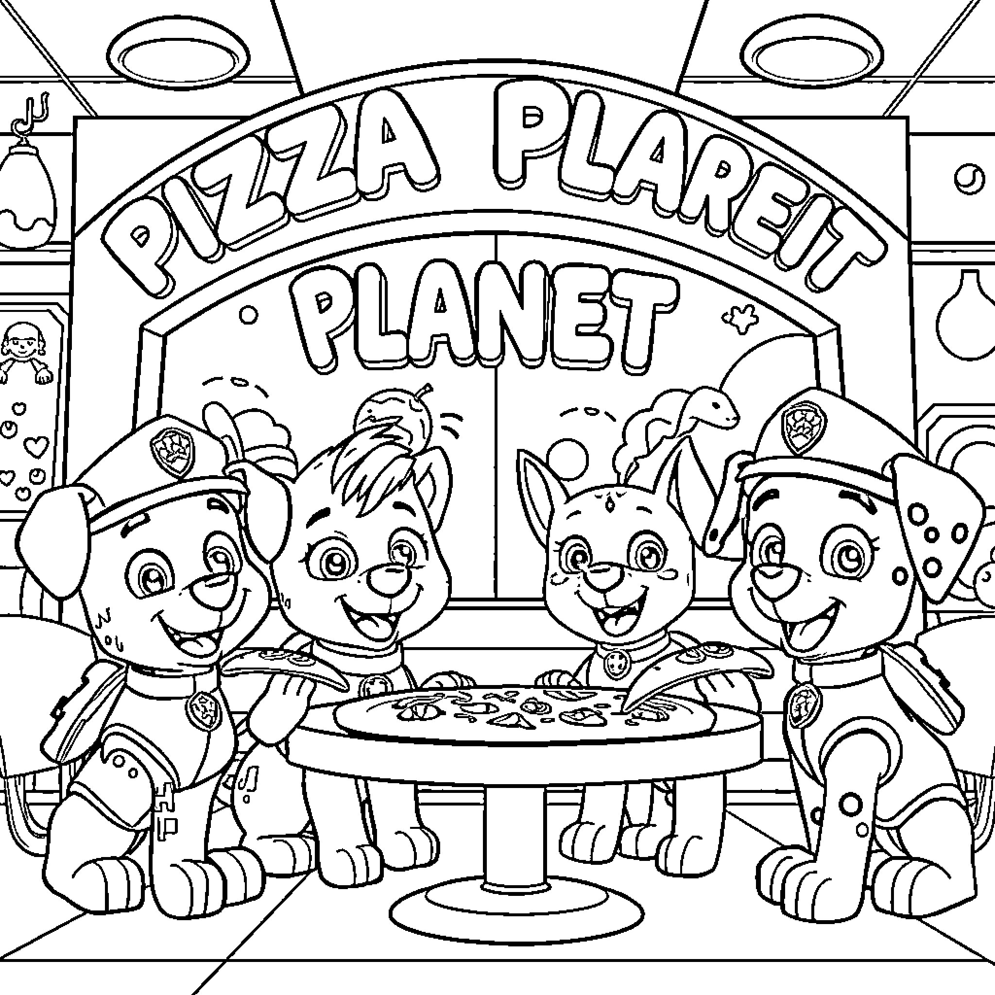 Paw Patrol Puppies Enjoying Pizza on Planet Coloring Page (free black-and-white line drawing printable PDF for all, from beginners to advanced learners, including children, teens, adults, and seniors)