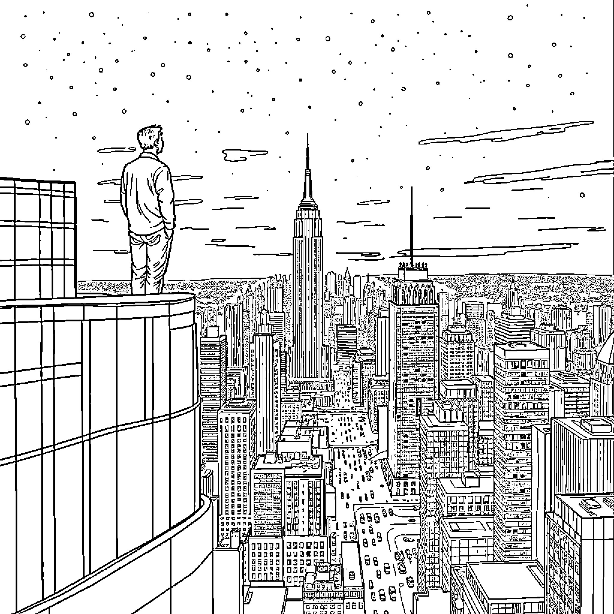 Man overlooking the bustling cityscape from a high vantage point Coloring Page (free black-and-white line drawing printable PDF for all, from beginners to advanced learners, including children, teens, adults, and seniors)