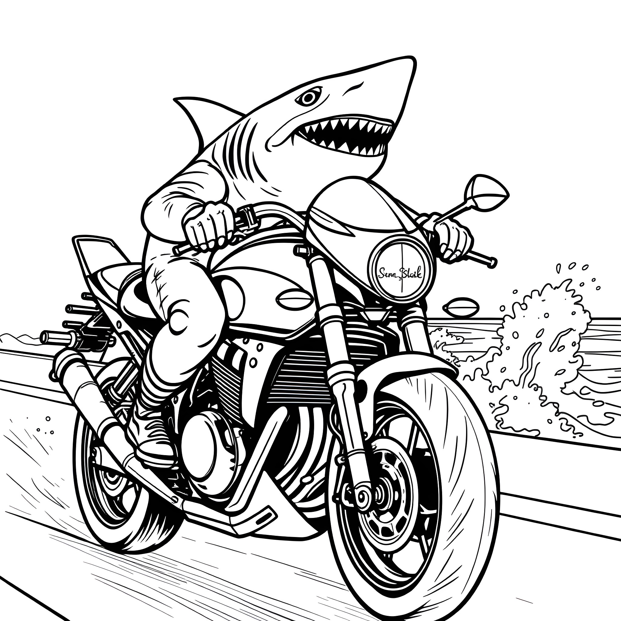 Shark riding a motorcycle on the road Coloring Page (free black-and-white line drawing printable PDF for all, from beginners to advanced learners, including children, teens, adults, and seniors)
