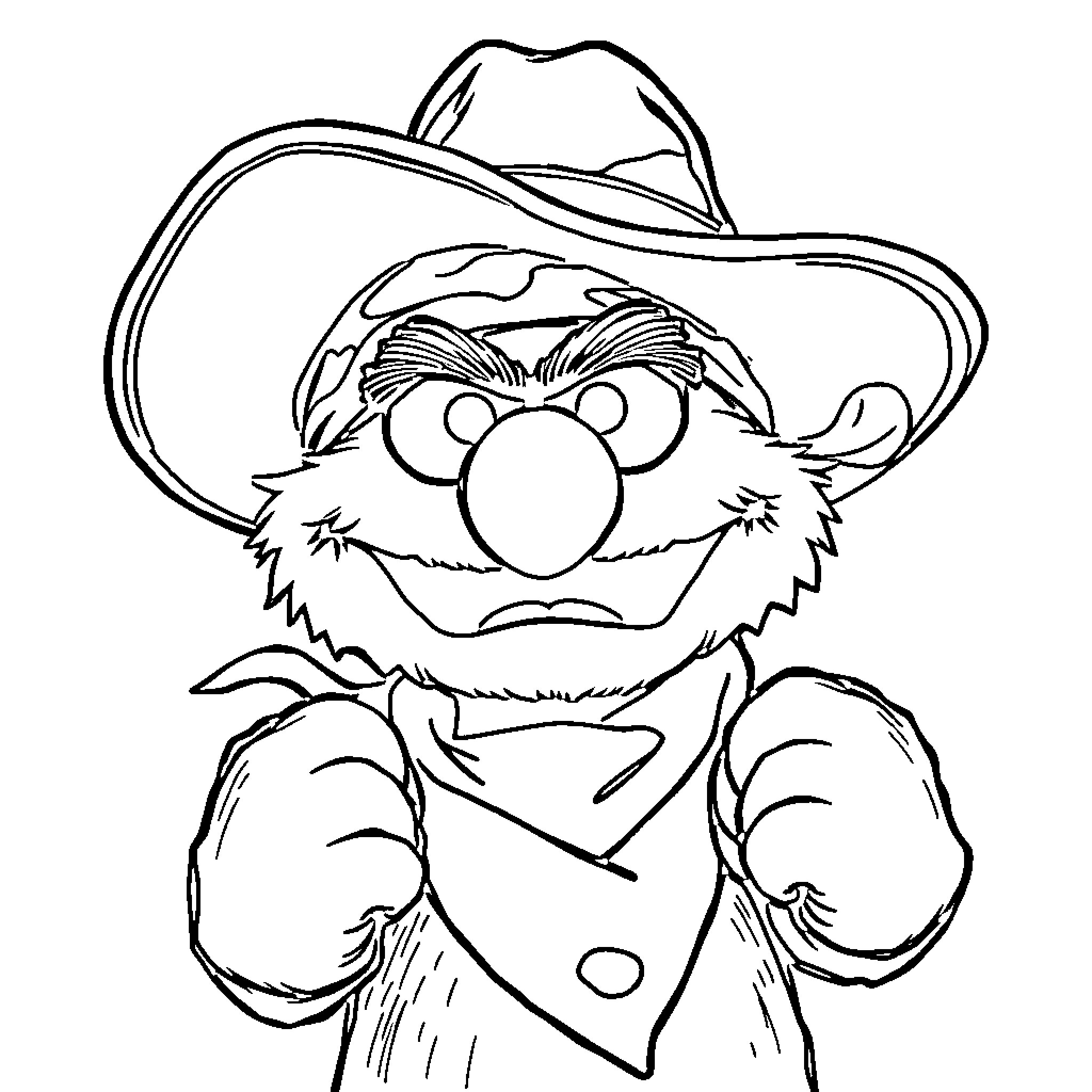 Elmo dressed as a cowboy with a determined expression Coloring Page (free black-and-white line drawing printable PDF for all, from beginners to advanced learners, including children, teens, adults, and seniors)